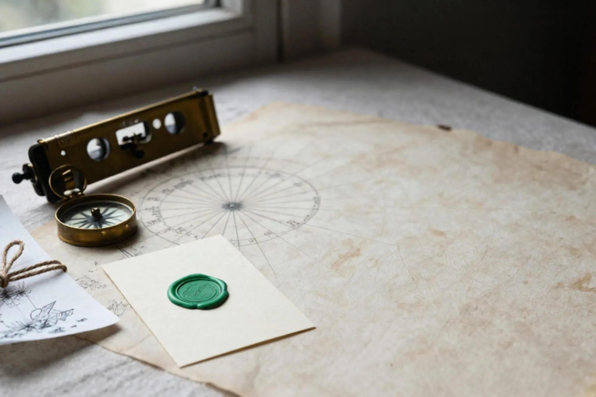 Brass theodolite, nautical chart with pencil bearings, chartreuse wax seal, compass paperweight on ivory linen.