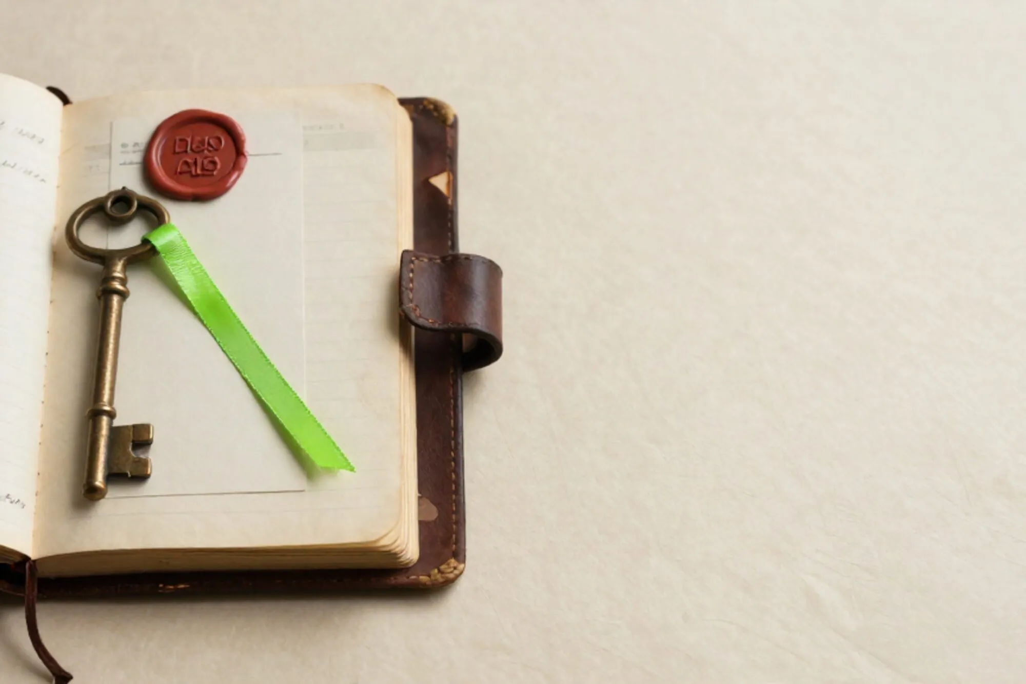 Open leren logboek met handgeschreven pagina's, koperen sleutel, indexkaart met groen lint, rood wassen zegel op ivoor.