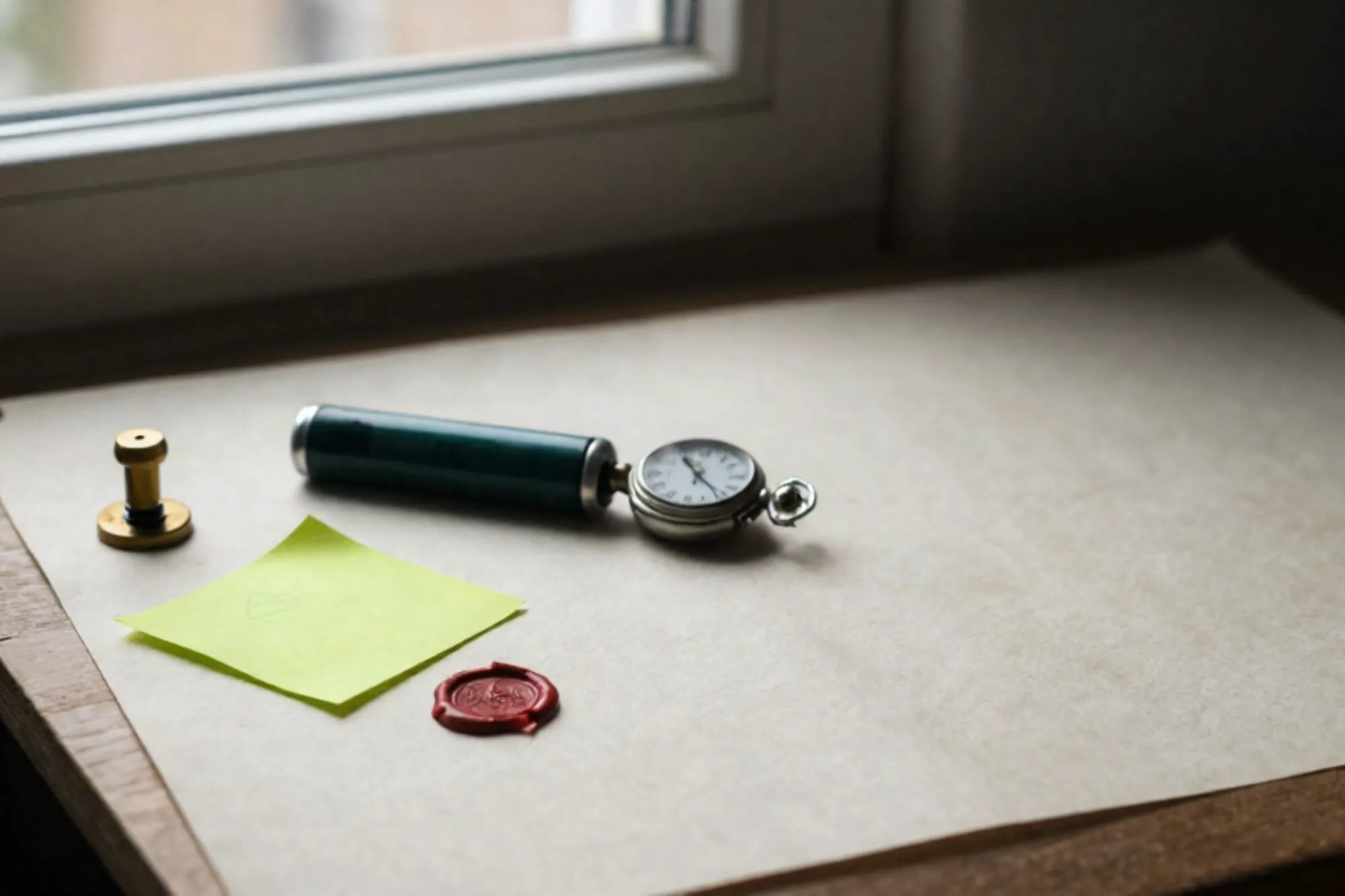 Gekreukt incidentformulier onder messing relais, groene memo, gestopt zakhorloge op 16:47, gebroken lakzegel, buispostkoker.