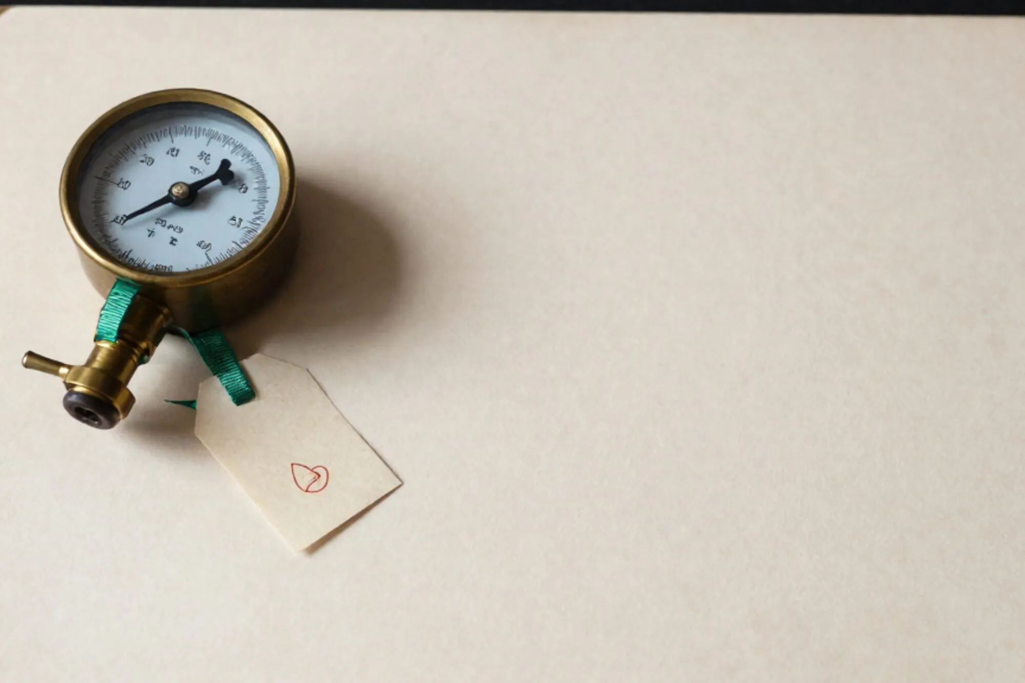 Messing manometer op ivoren vloeiblad, limegroen lint door de rand, gevouwen papieren label met rode inktstempel ernaast.