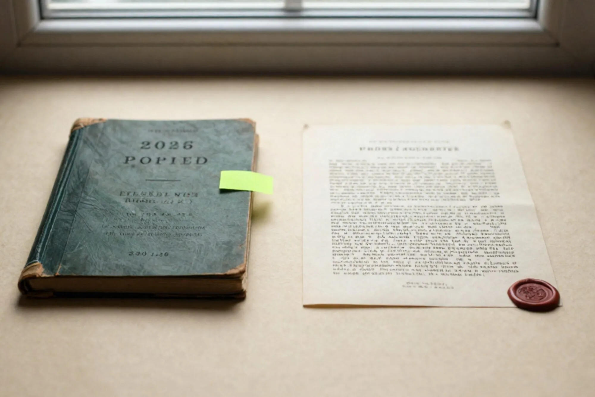 Closed 1909 pamphlet beside a folded 2026 broadside on ivory paper, green tab, red wax seal, side window light.