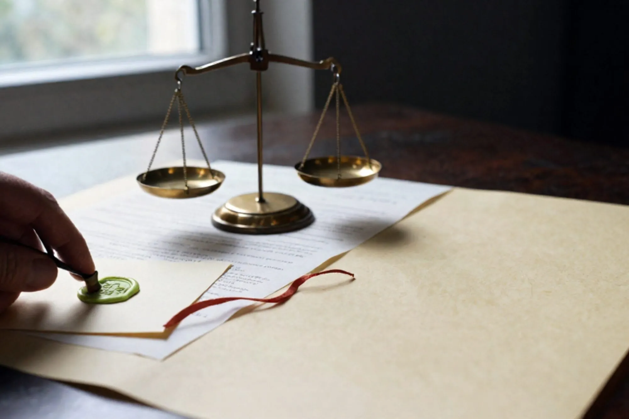 Torn contract under a brass balance scale, green wax seal on a card, red ribbon on an ivory desk by a window.