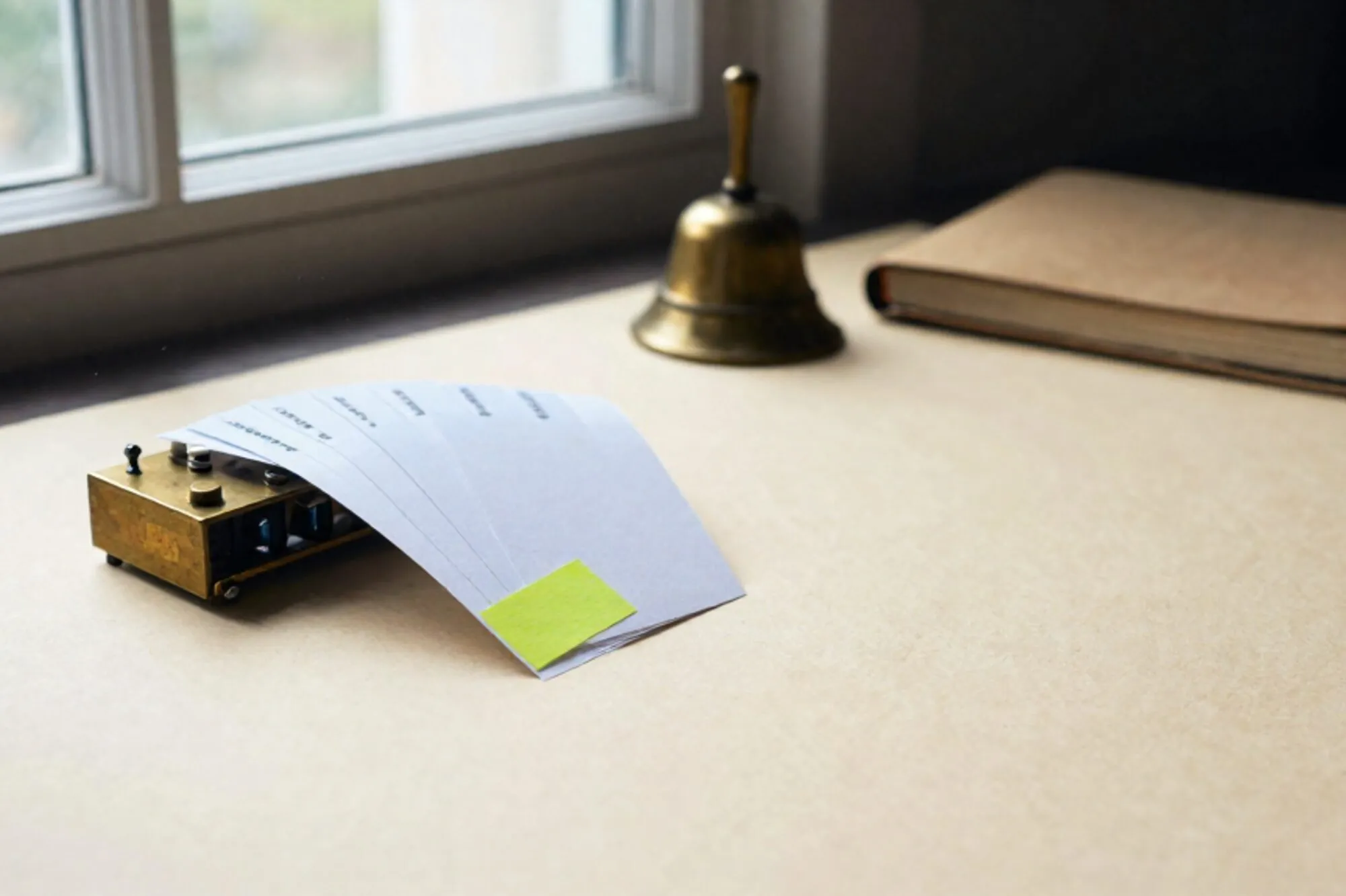 Brass relay beside nine overlapping carbon receipt slips, one tagged with a green sticky tab, brass bell and ledger card.