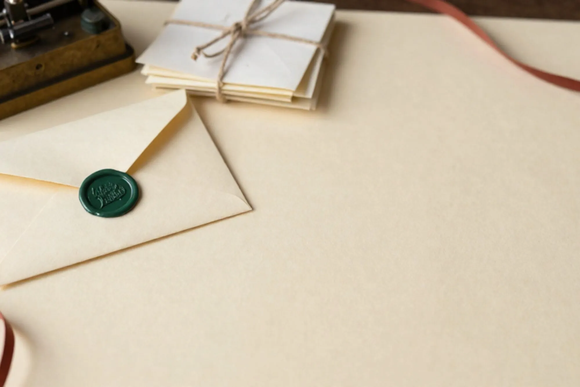 Crème envelop met groene lakzegel, koperen notarispers, gebonden brieven, kaart met lichtgroen zegel, rood lint op ivoor papier.