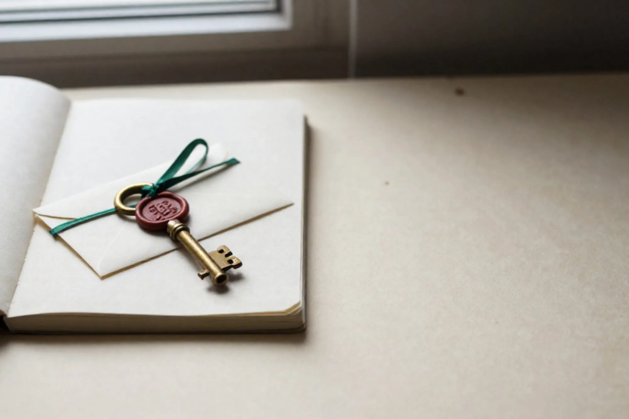 Brass key on cream linen ledger, wax-sealed envelope with green ribbon on ivory paper, side window light.
