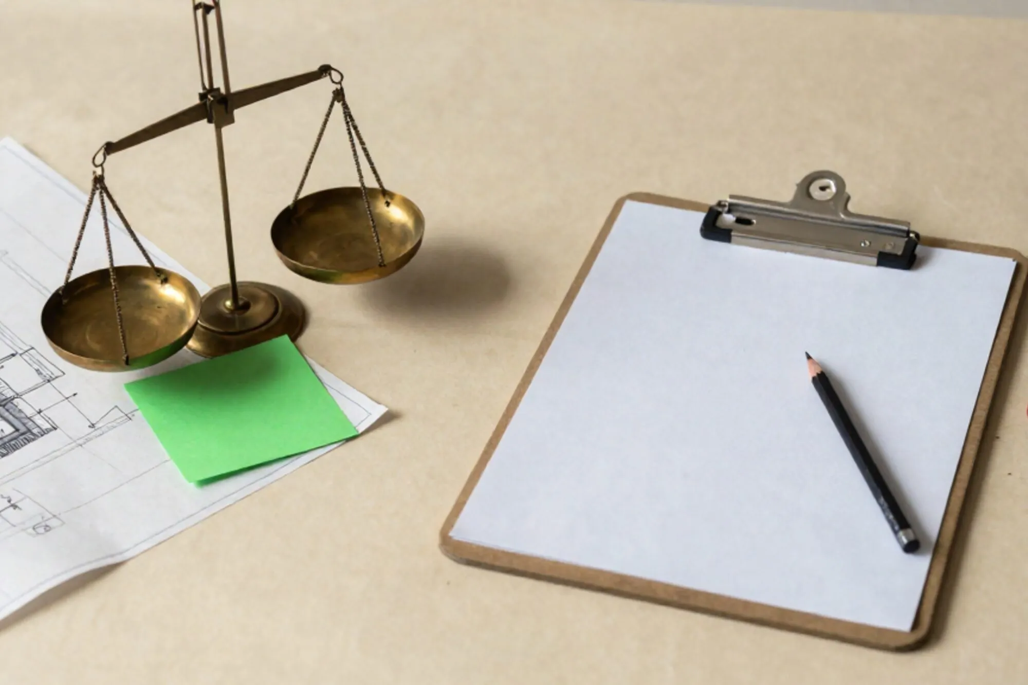 Brass scale, folded blueprint, green index card, clipboard, pencil, red wax seal on ivory paper, side light.