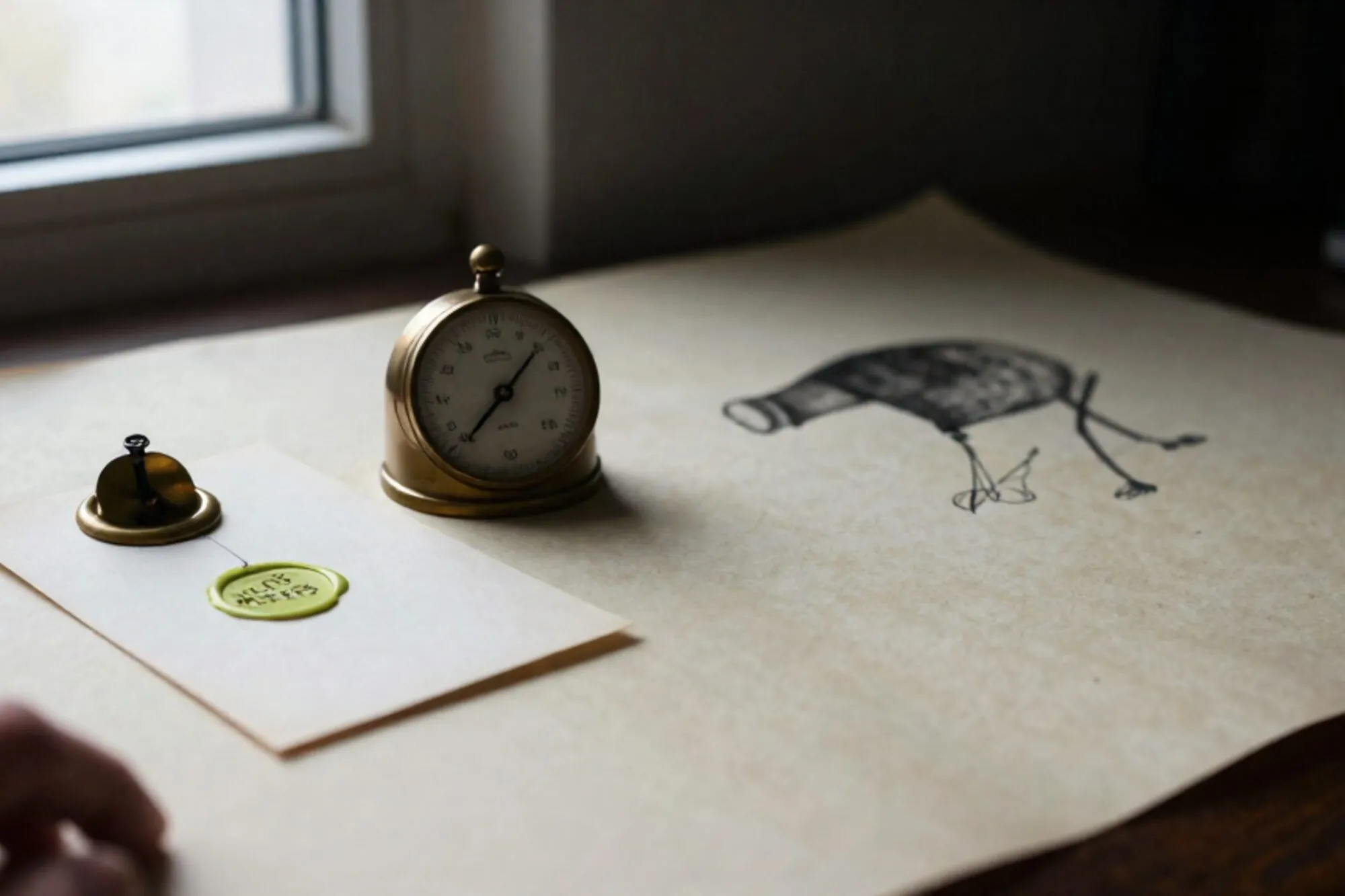 Brass token-counter clicker beside paper ledger card with chartreuse wax seal, brass dial pinned past limit, ivory desk.