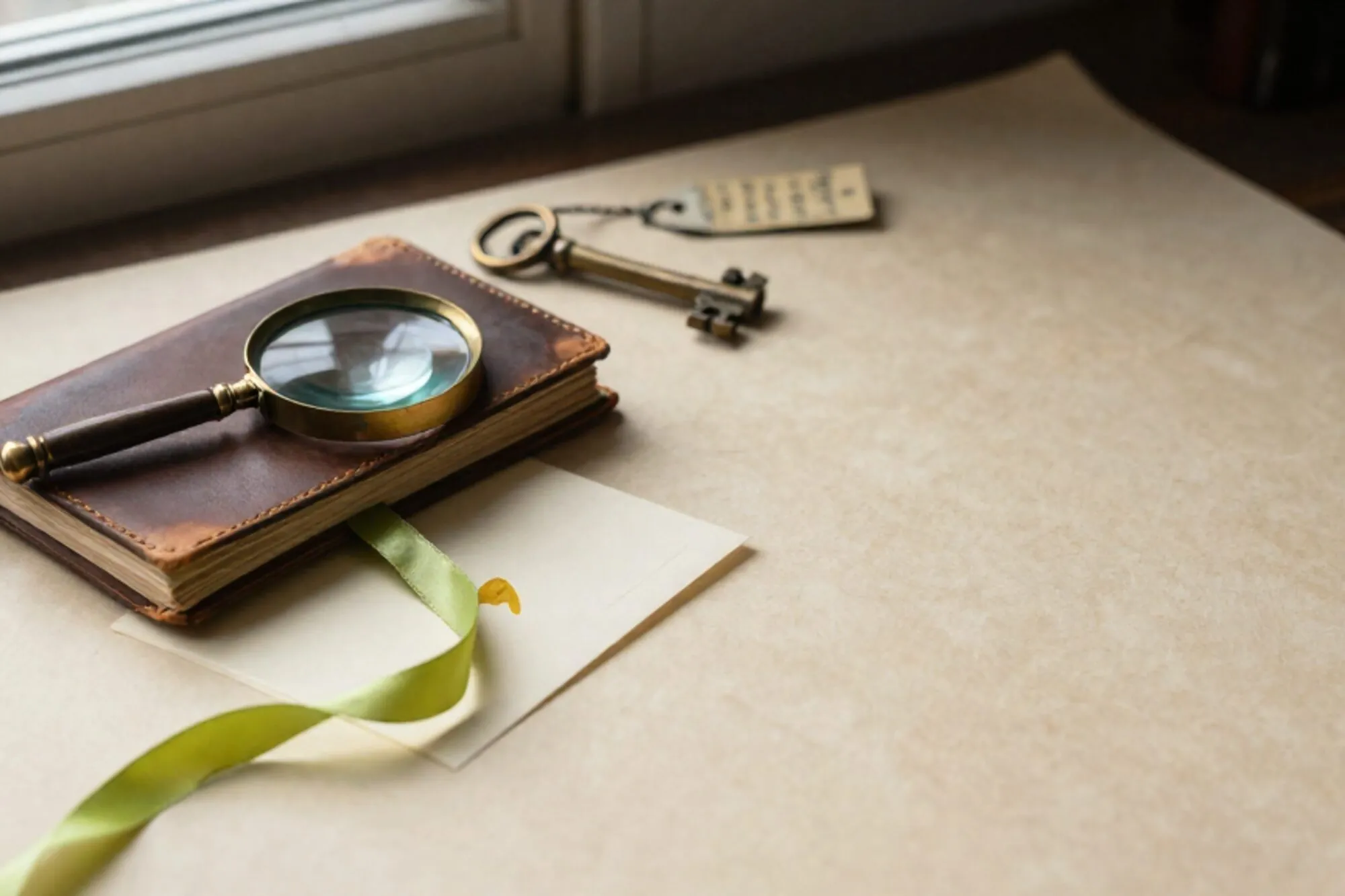 Gesloten leren logboek, koperen loep op crème kaart, groen zijden lint, dof sleuteltje en ijzeren label op ivoor papier.