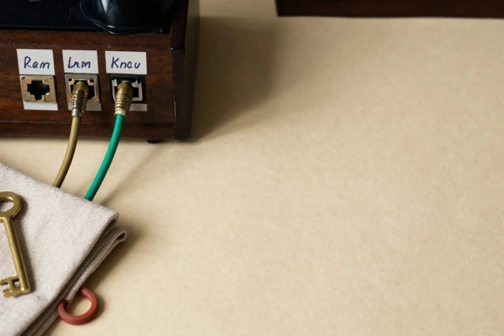 Houten schakelbord met drie messing kabels naar één centrale jack, één kabel groen, op ivoorkleurig bureau.