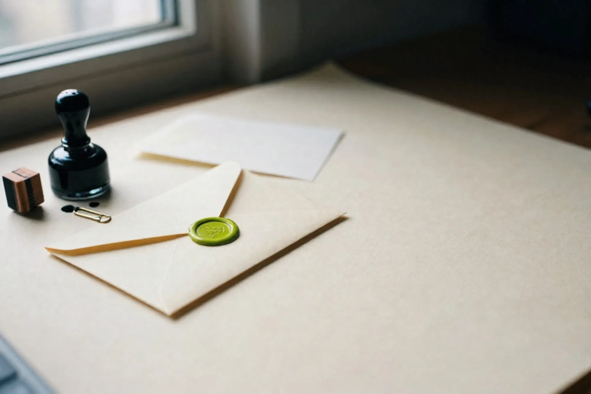 Ivory desk with sealed cream envelope, green wax dot, brass paperclip, carbon form, ink pad, wooden stamp.