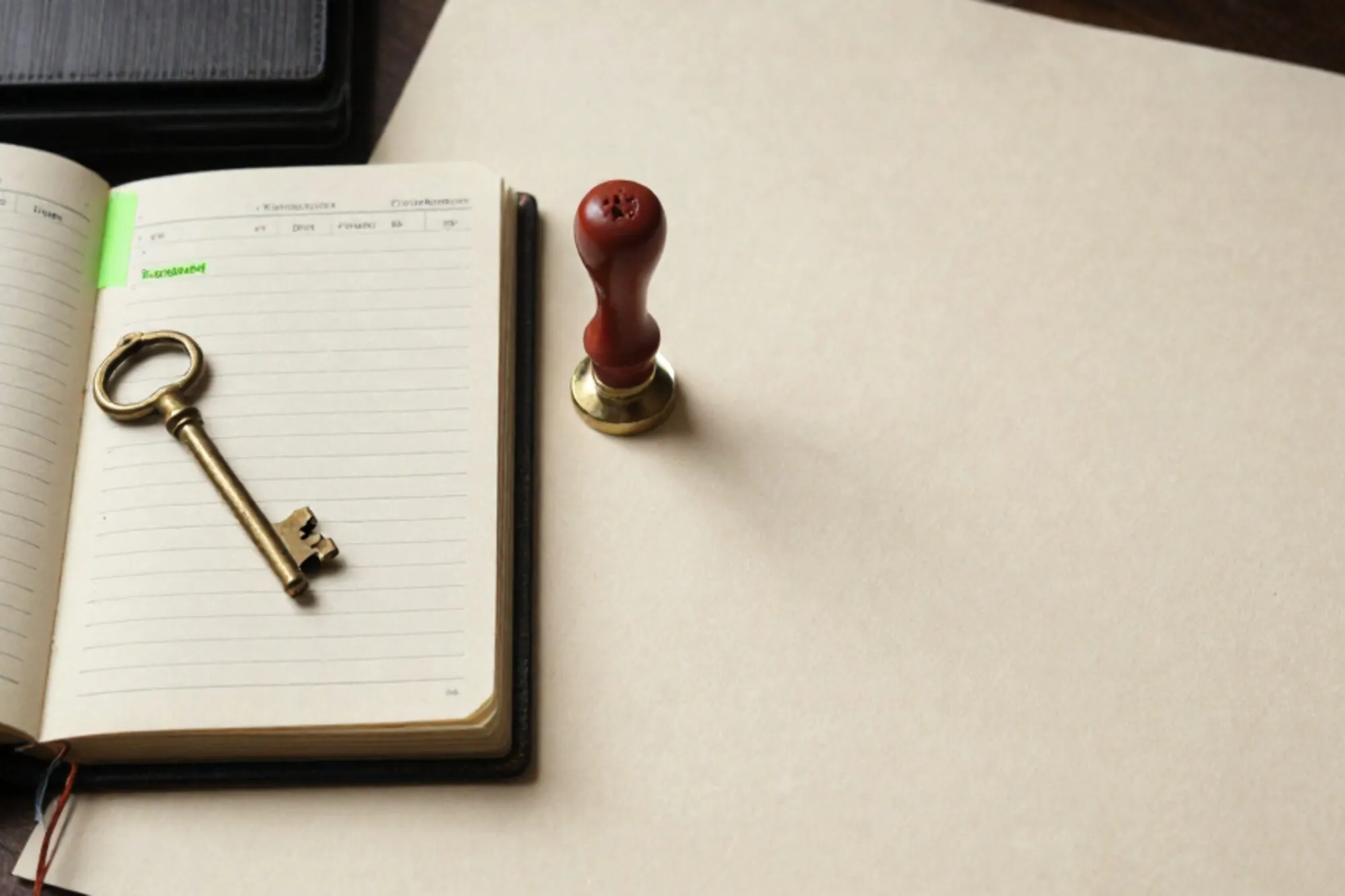Open leather ledger with brass key, green tab, red wax seal on ivory paper by window.