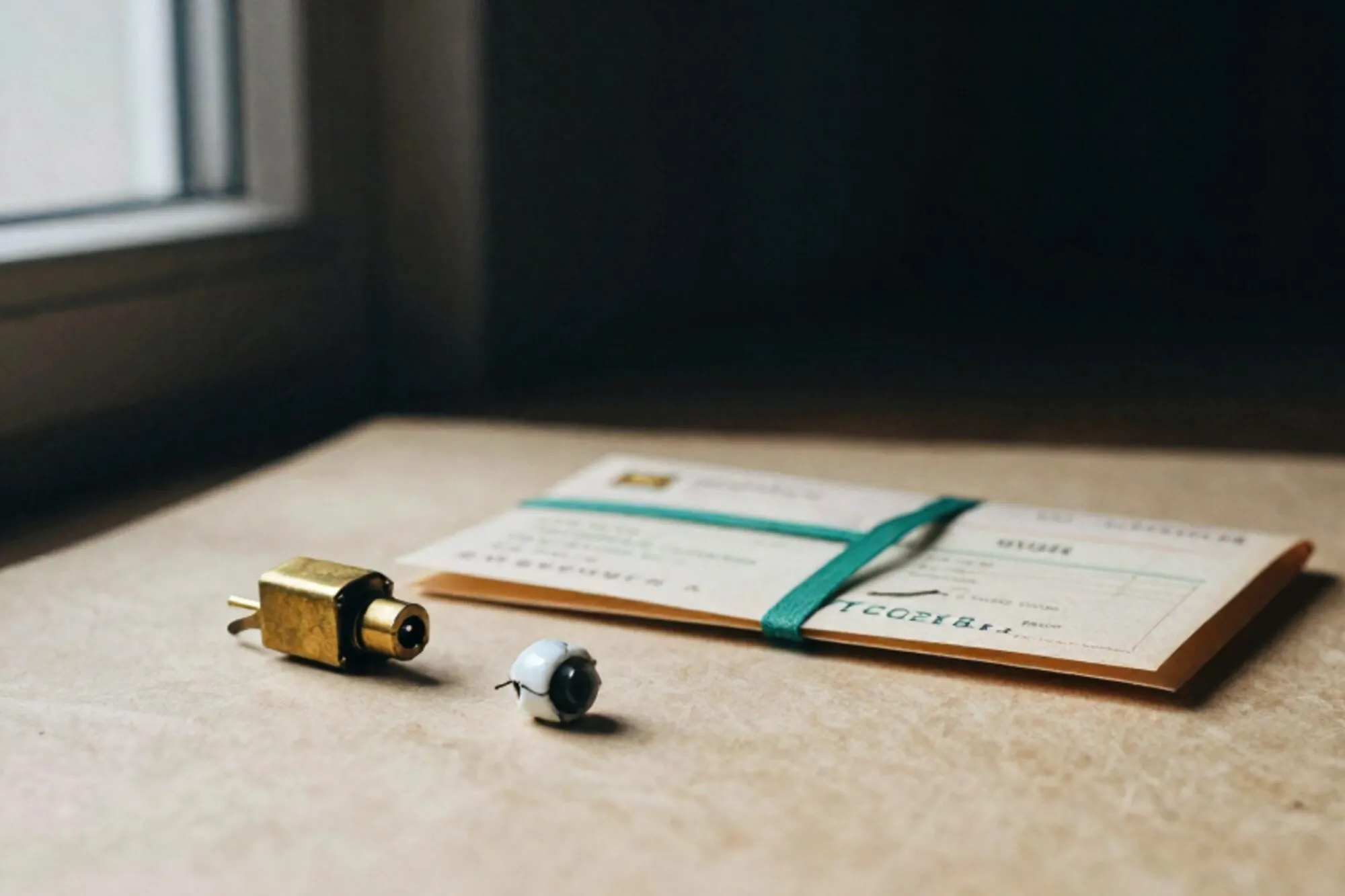 Messing relais op zijn kant, gevouwen ivoren telegram met limoengroen lint, gebarsten porseleinen zekering op botpapier.
