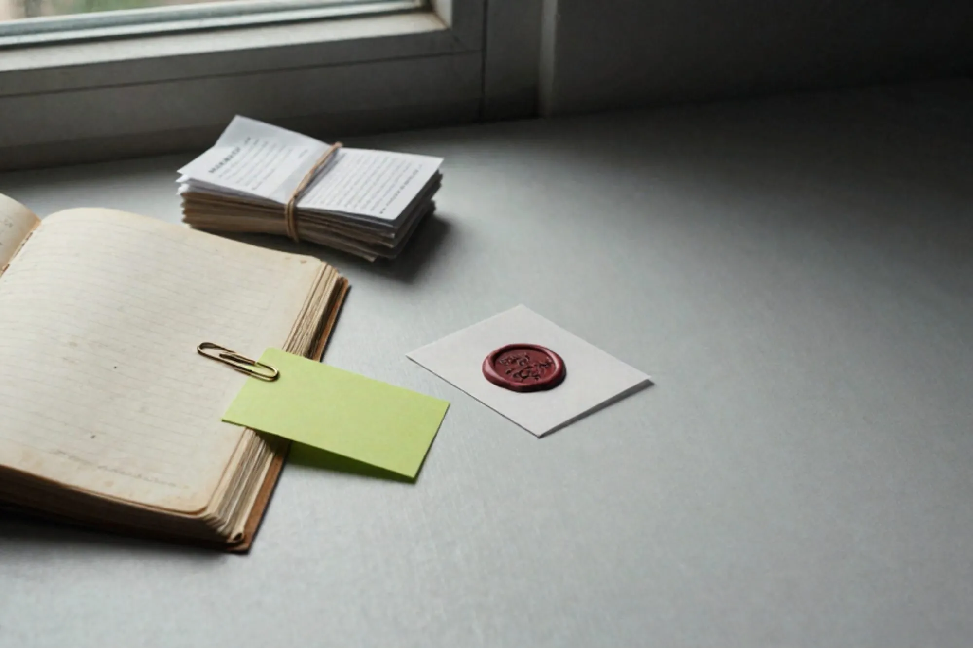Drie manila grootboeken met tabs, papieren bonnen met koord, messing paperclip, groene kaart, rode lakzegel op ivoor.