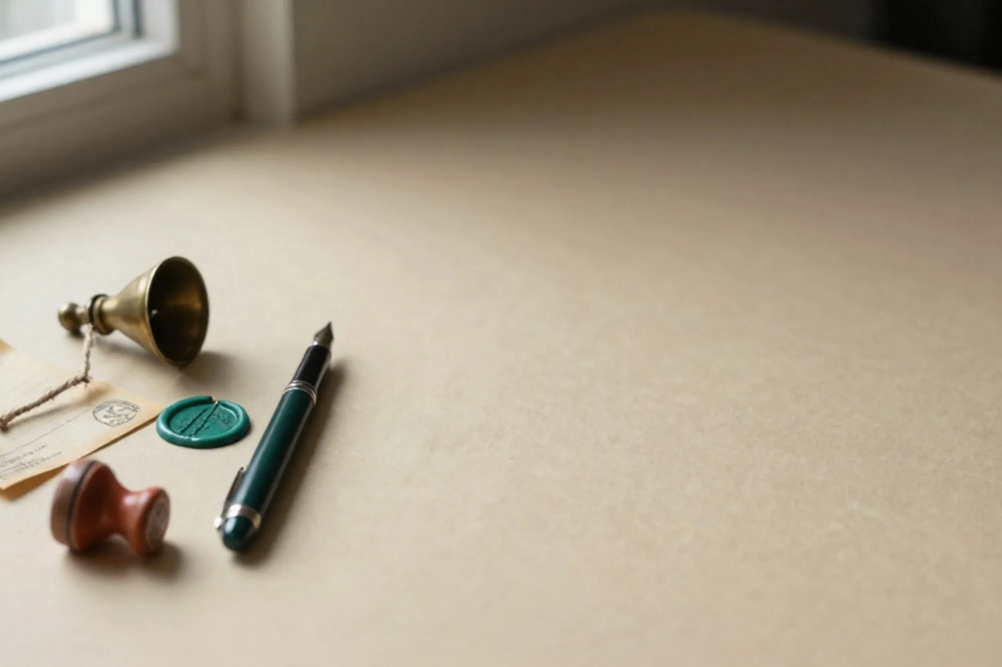 Cream packing slip with Dutch postal mark, tipped brass bell, snapped jute string, cracked green wax seal, ink pen on ivory desk.