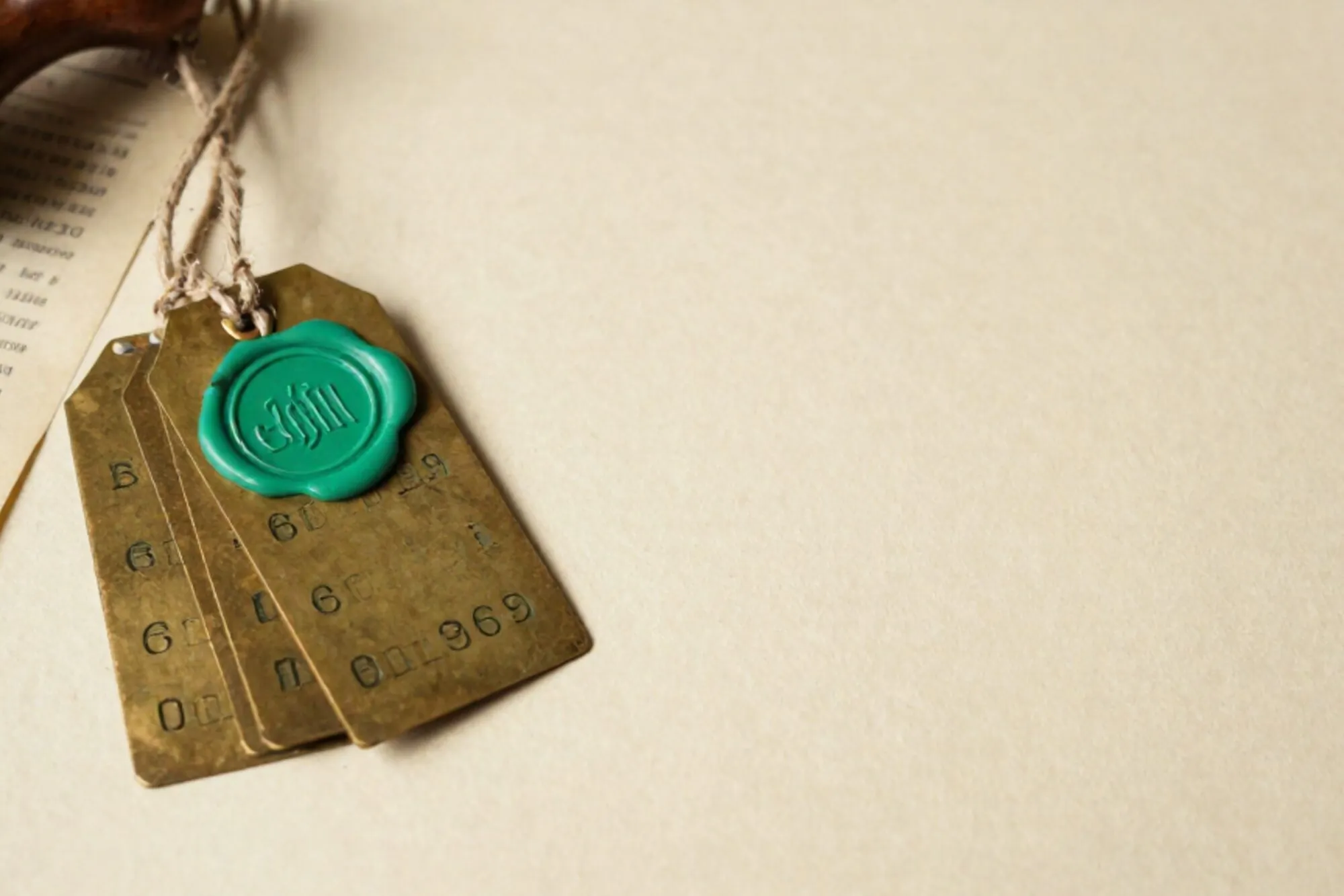 Three brass shipping tags with linen twine on ivory paper, chartreuse wax seal on top tag, manila manifest with red stamp.