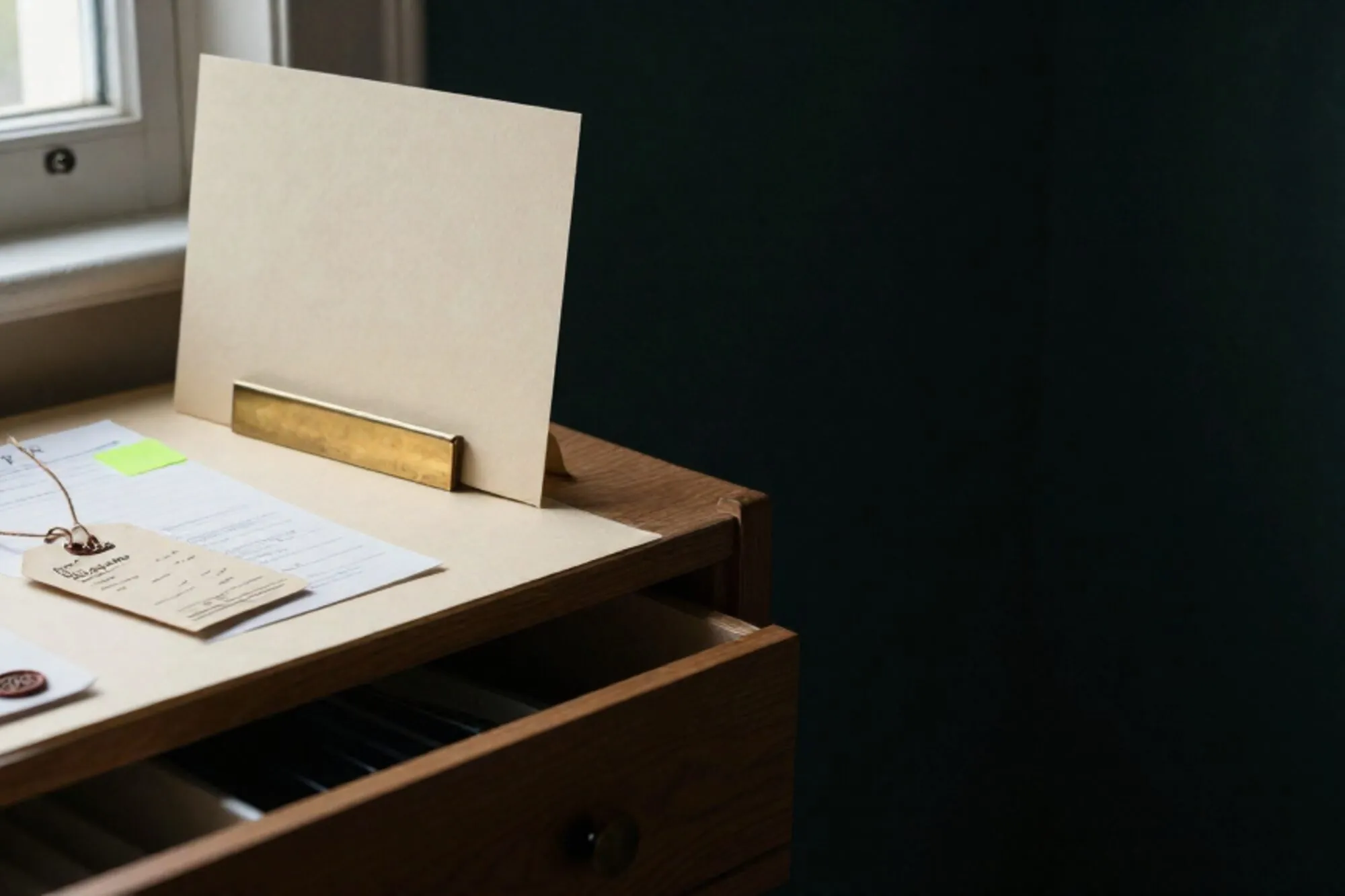 Open oak index-card drawer on ivory paper, brass divider, cream card, ledger stack with green tab, manila tag, dark backdrop.