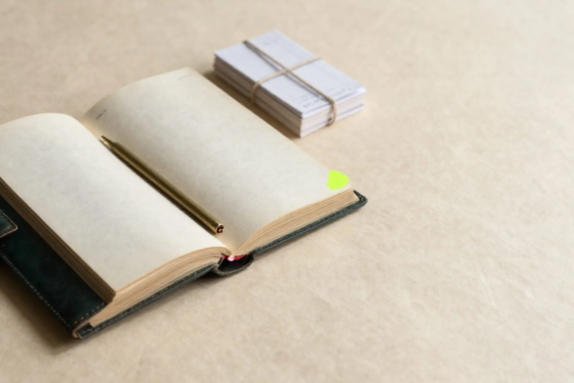 Open leren handboek op ivoren bureau, messing lint over pagina, groene tab, ledgerkaarten met twijn, wasfragment.