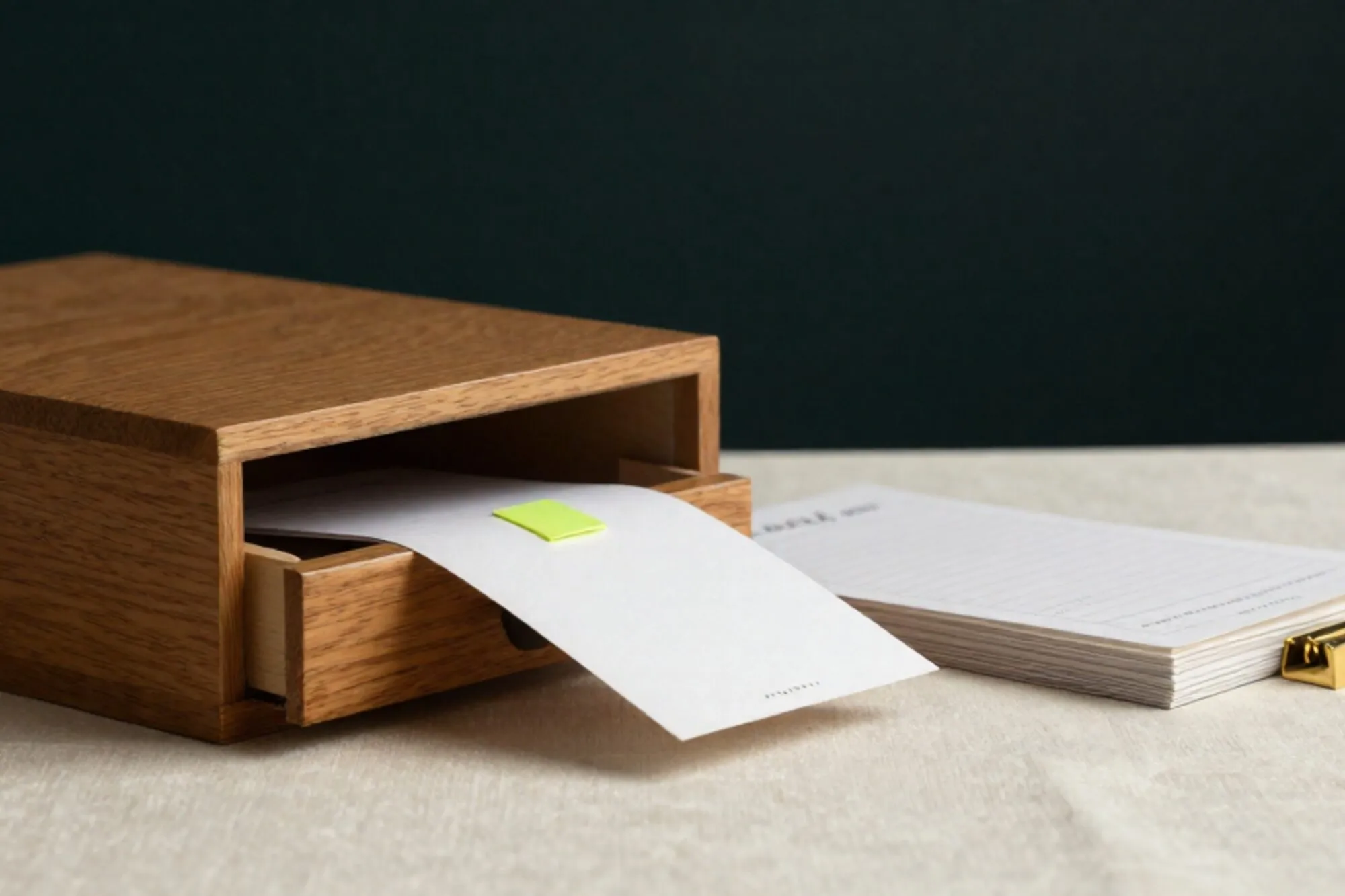 Half-open oak index-card drawer on ivory linen, one card tabbed with green marker, brass divider, ledger paper stack.