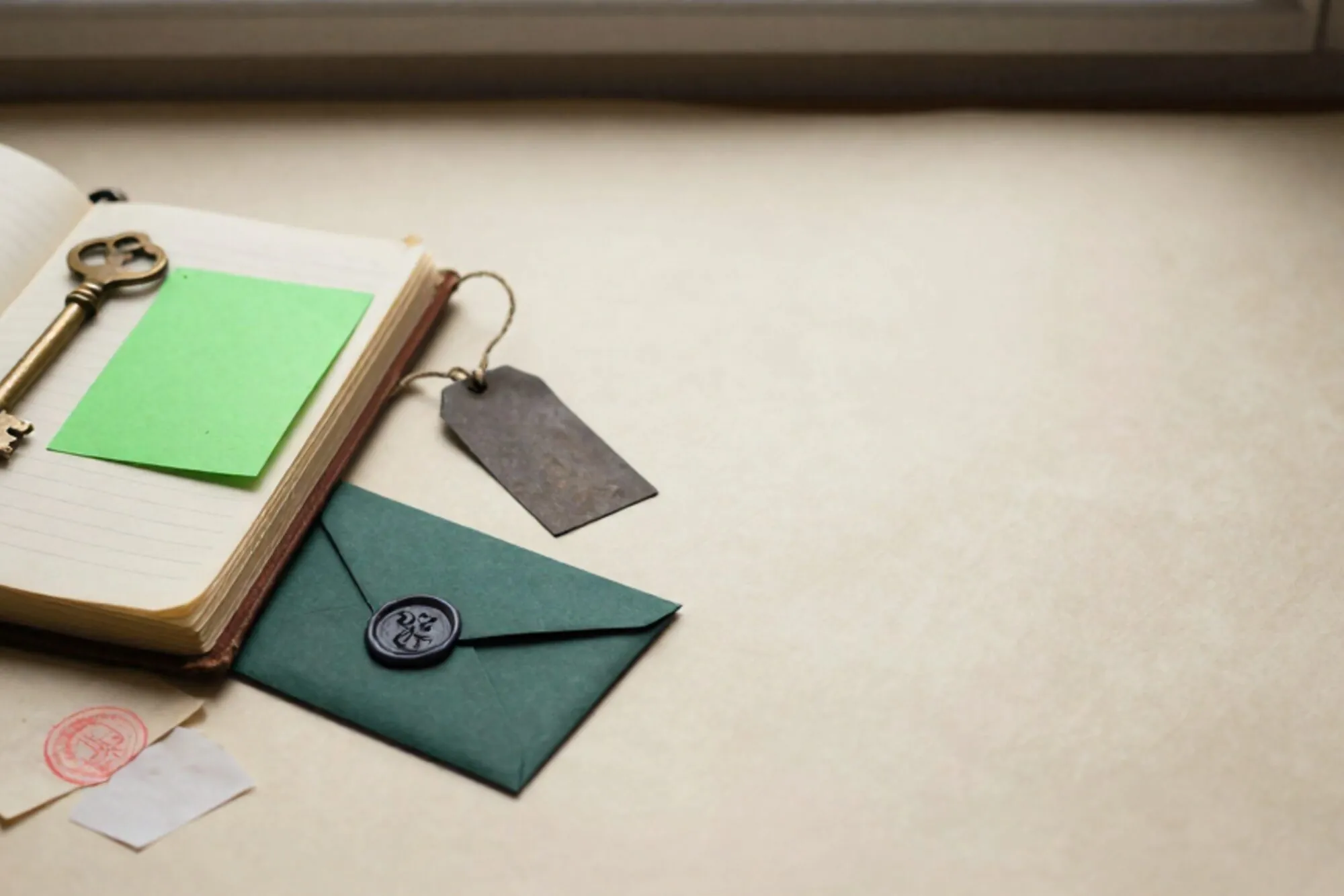 Open leren logboek met messing sleutel, groene indexkaart, kartonnen label en verzegelde envelop op ivoor papier.