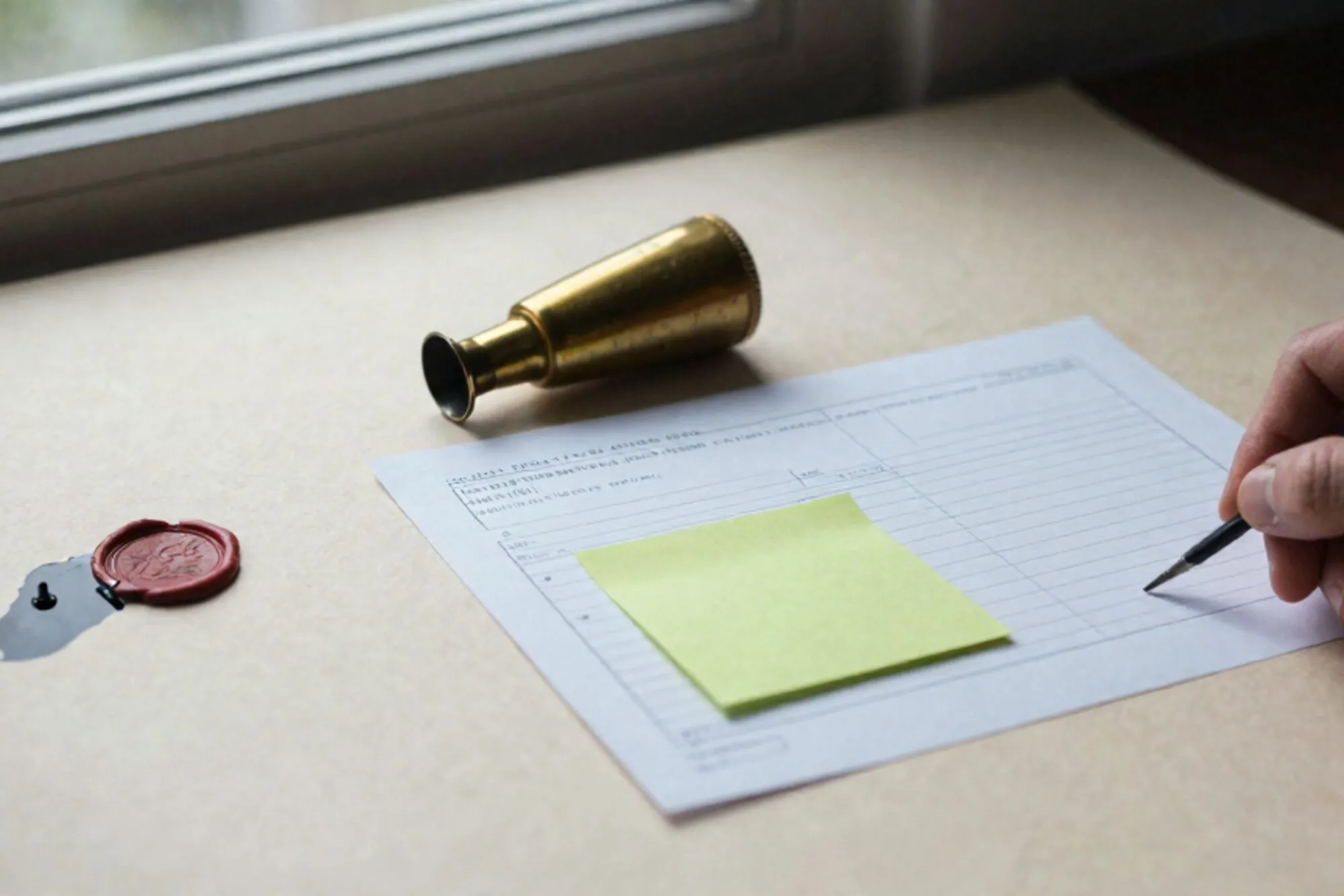 Open brass pneumatic tube capsule beside a typed intake form with a green sticky note and broken red wax seal on ivory paper.