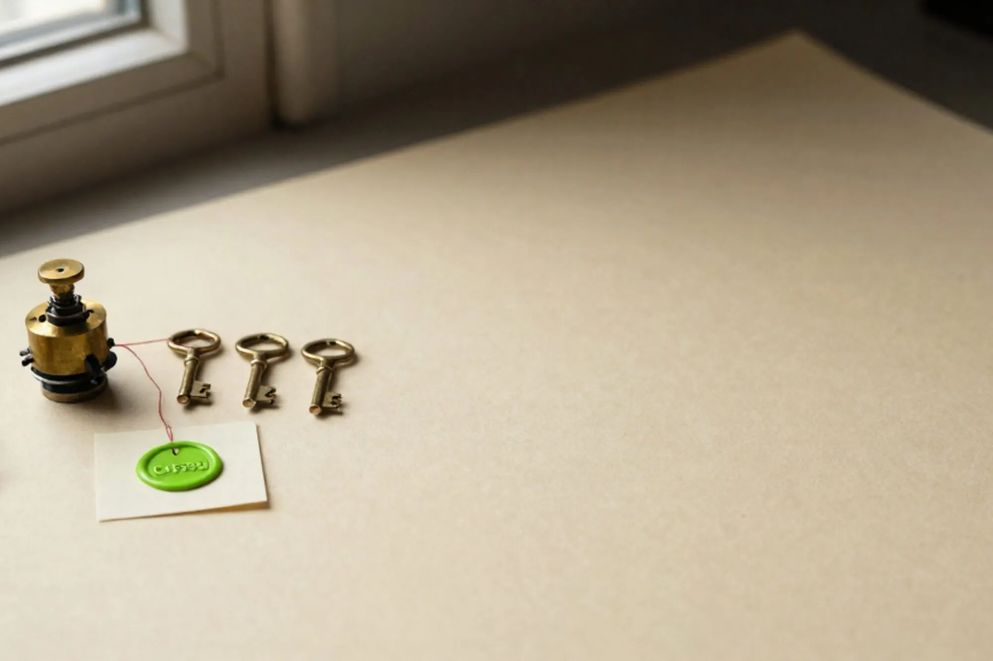 Brass relay switch, folded paper memo with twine, three brass keys, chartreuse wax seal on cream card, ivory paper.