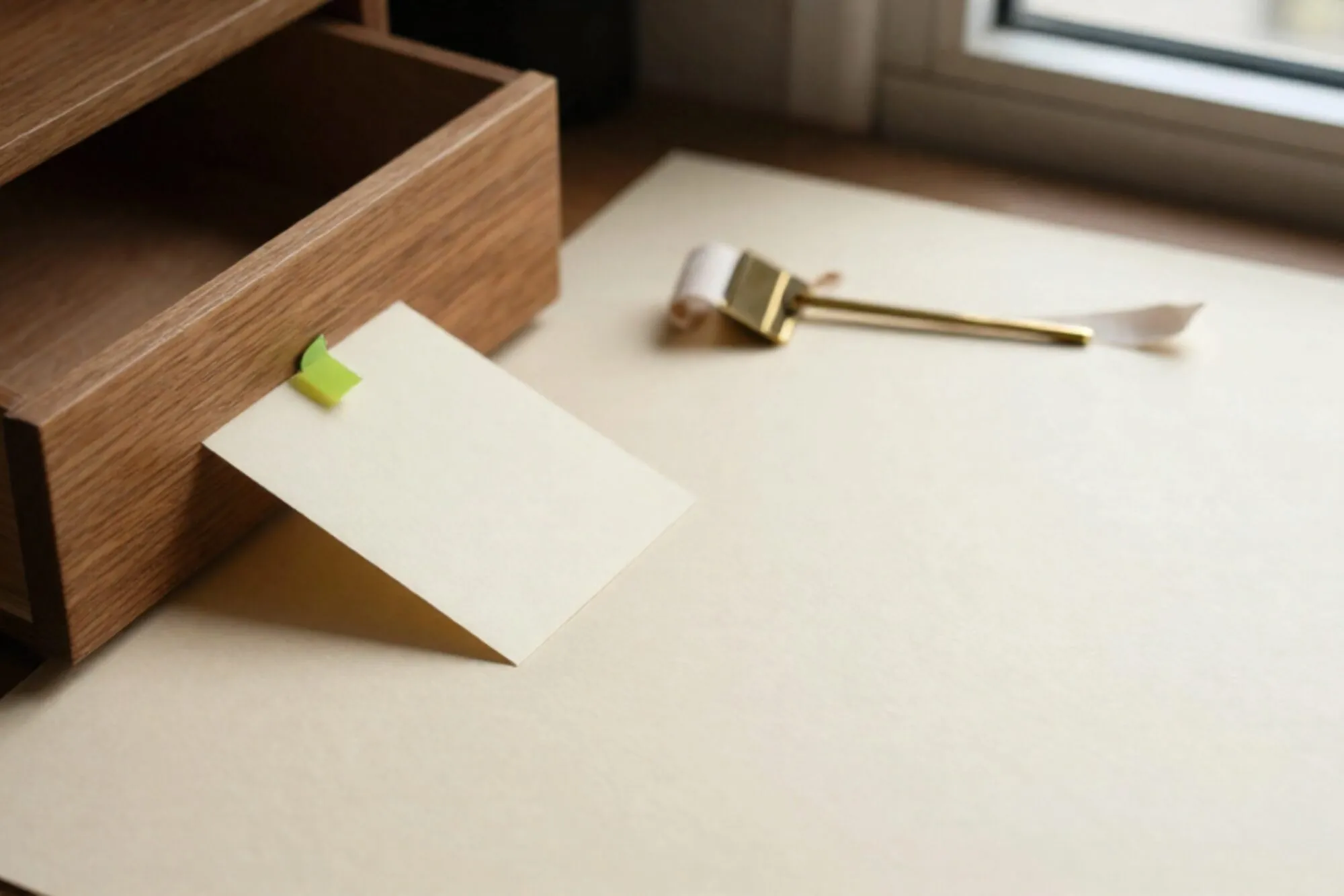 Open eiken kaartenbak op ivoor papier, crème kaart met groen tabblad, messing geleider, linnen lint, zijlicht.