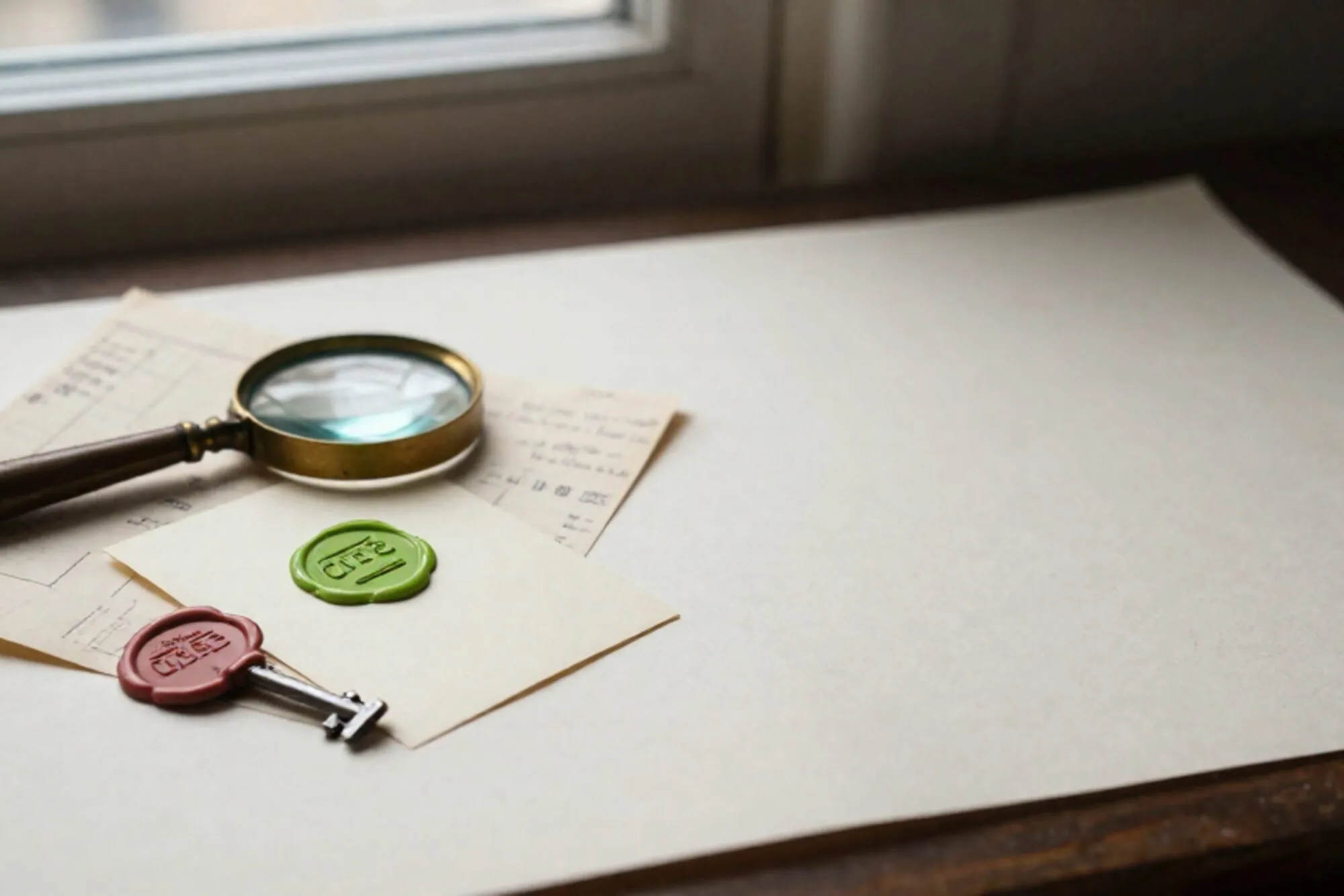 Brass loupe on folded telegram, green wax seal on card, red key tag on ivory desk in side light.