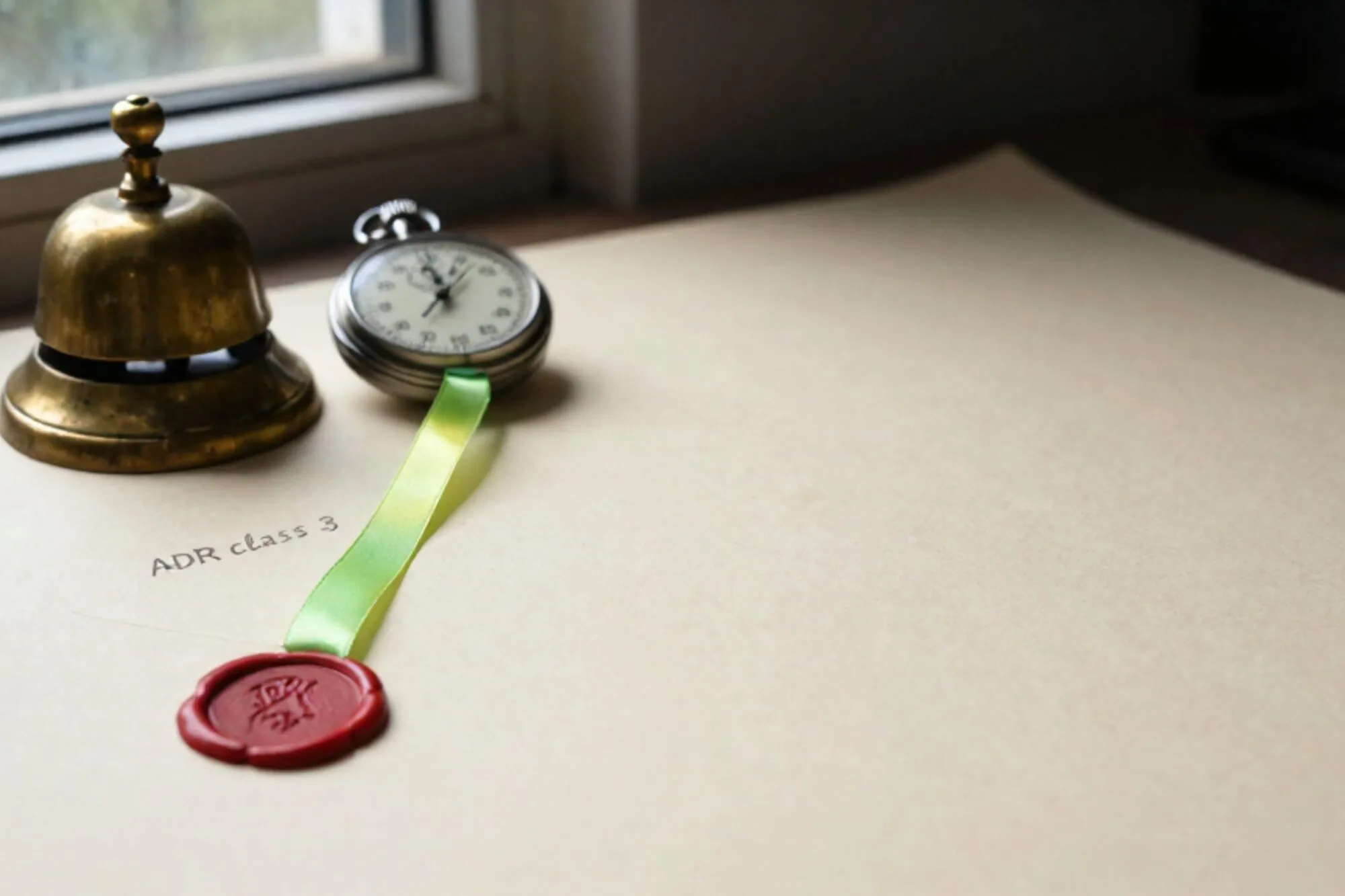 Brass desk bell, cream docket stamped ADR class 3, stopwatch, green ribbon, red wax seal on ivory paper.