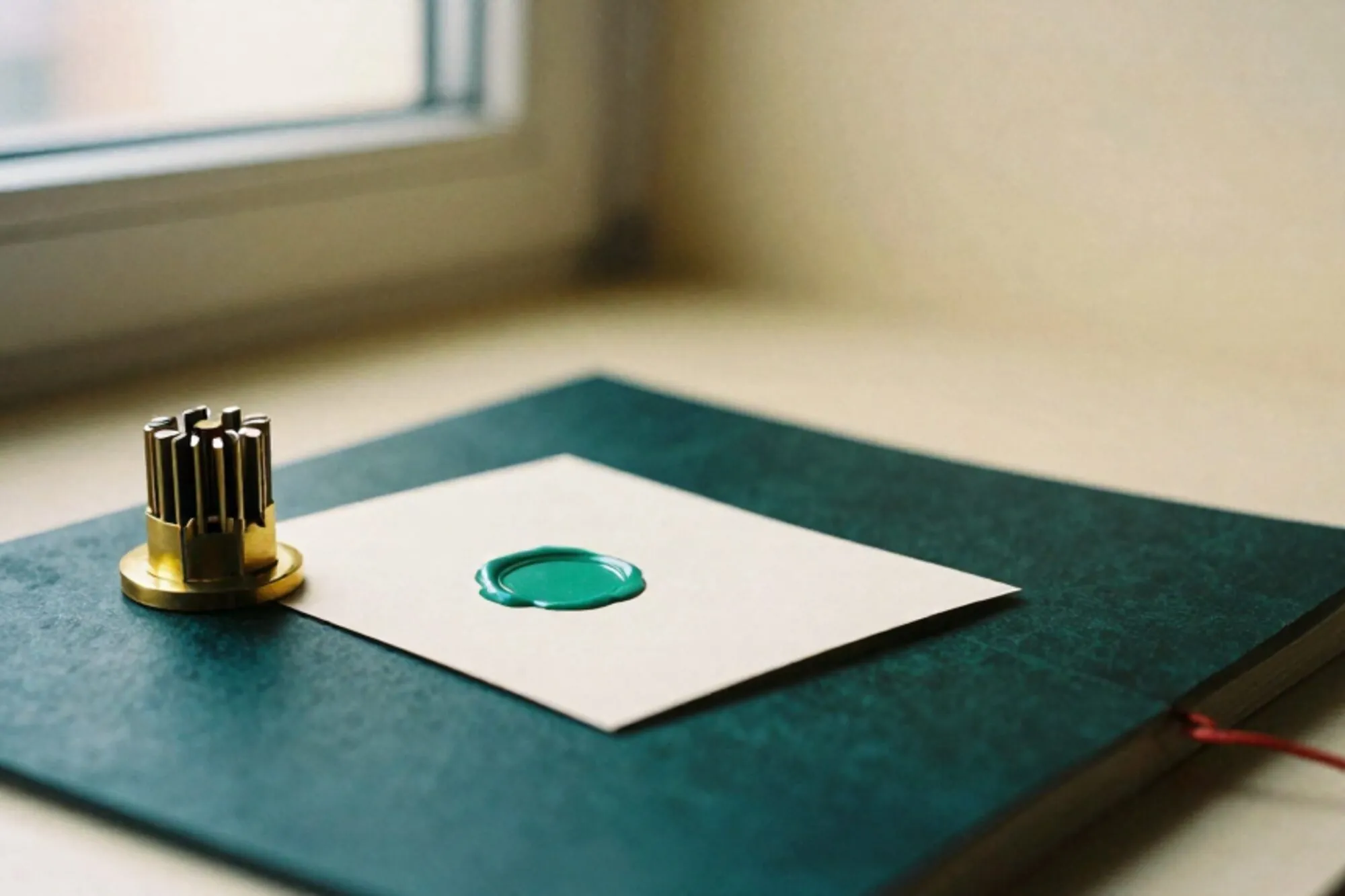Brass relay switch with four closed contacts beside a cream form with green wax seal on dark cloth.