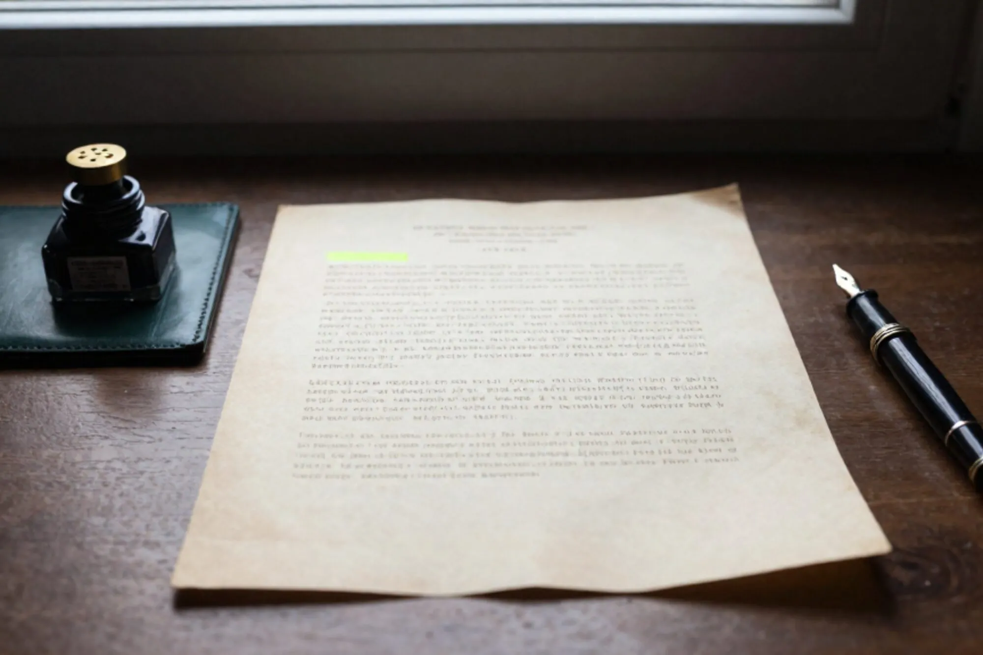 Gevouwen juridisch document op ivoren bureau, messing relais, vulpen op leren onderlegger, groen tabblaadje.