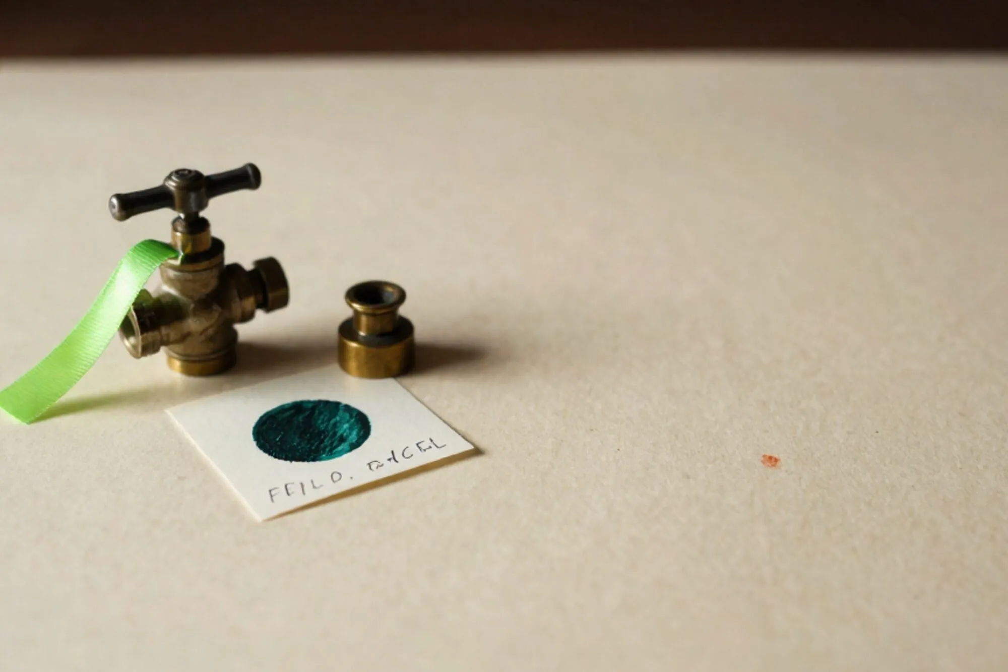 Brass three-way valve with green ribbon, cream index card with forest ink stamp, brass weight on ivory paper.