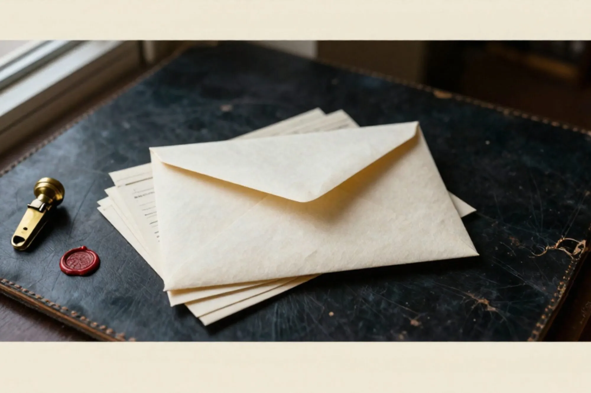 Cream linen envelope tied with green ribbon on dark leather blotter, ivory invoices, brass letter opener, red wax fragment.