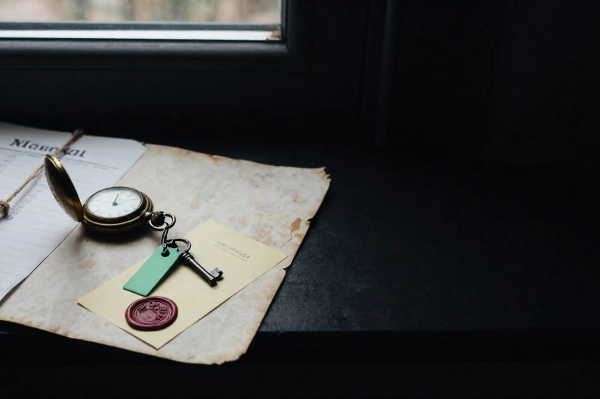 Brass pocket watch, folded paper roster with twine, green tag on iron key, red wax seal on ivory blotter.