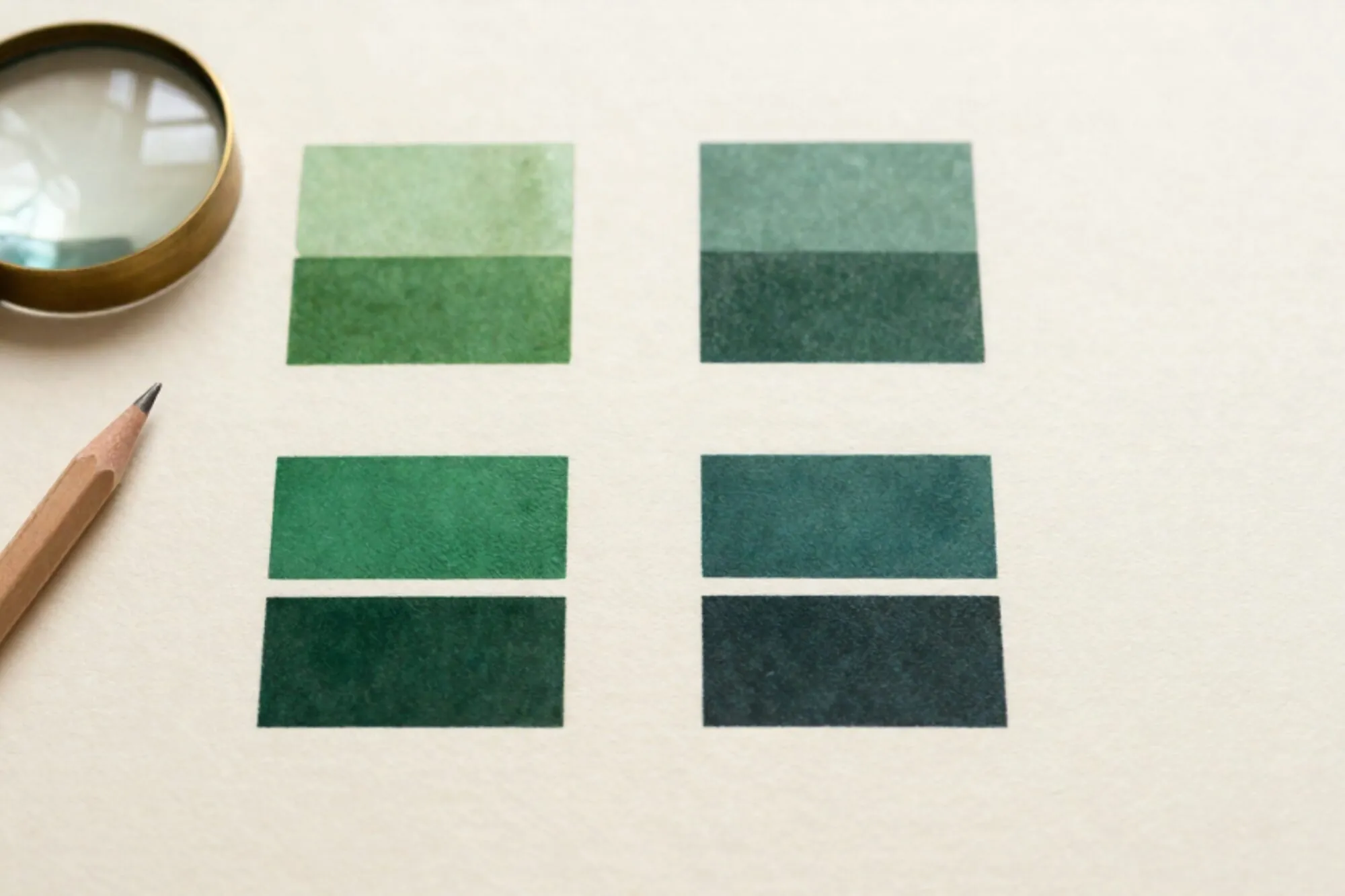 Letterpers proefvel met ivoor en bosgroene inktstalen, groene Pantone-chip, koperen loep en potlood op ivoorkleurig papier.