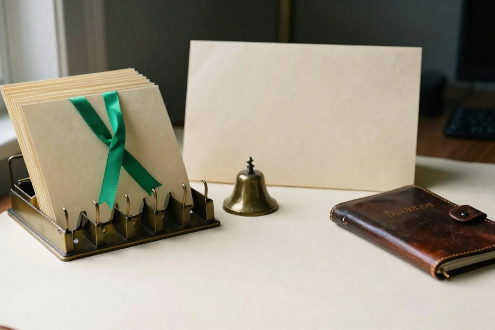Messing postsorteerder met vijf vakjes vol crème briefjes, één met groen lint, bel en leren register op ivoren bureau.