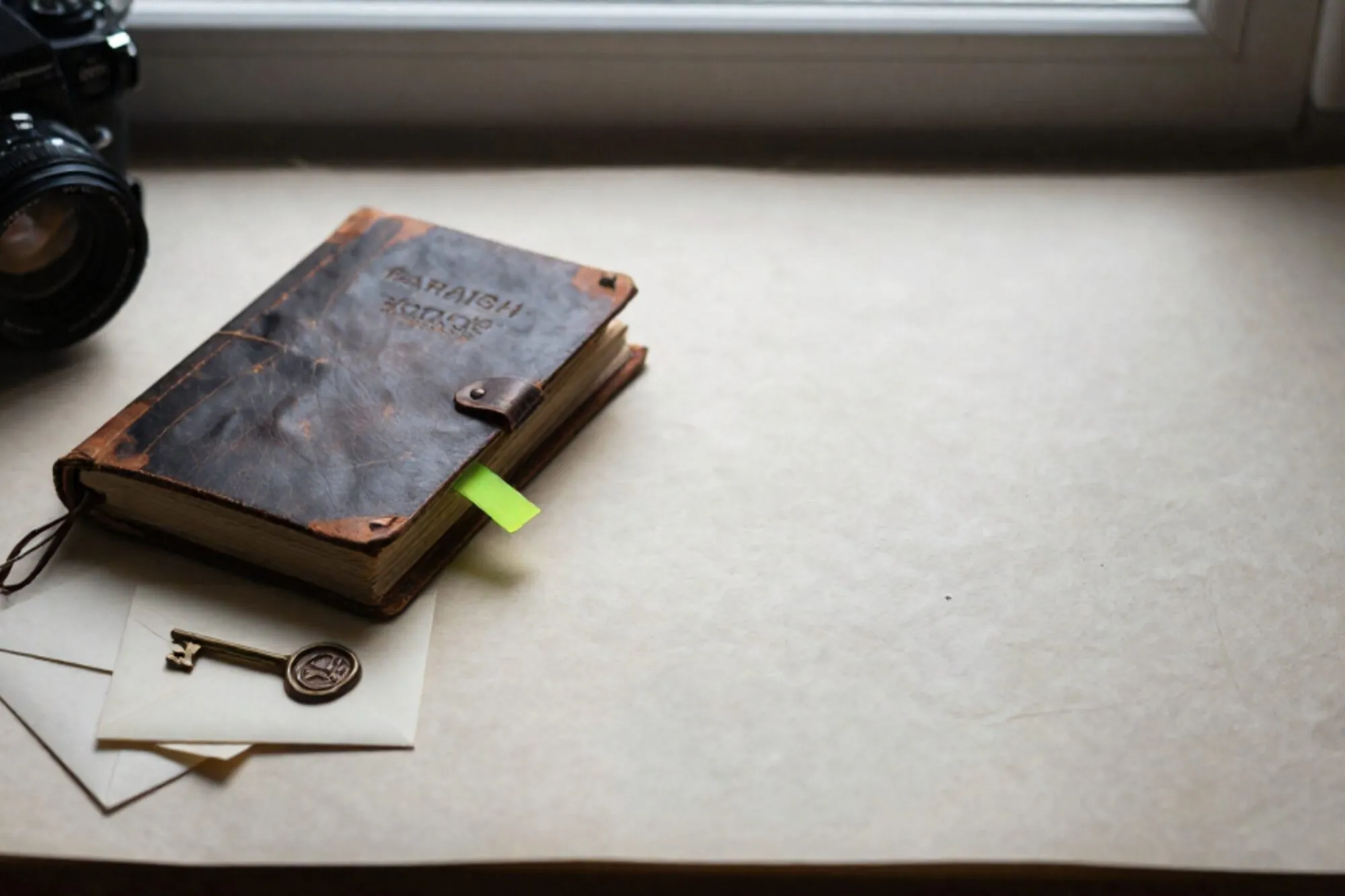 Closed leather logbook, brass key on a cream card, green ribbon marker, wax-sealed envelope and iron tag on ivory linen.