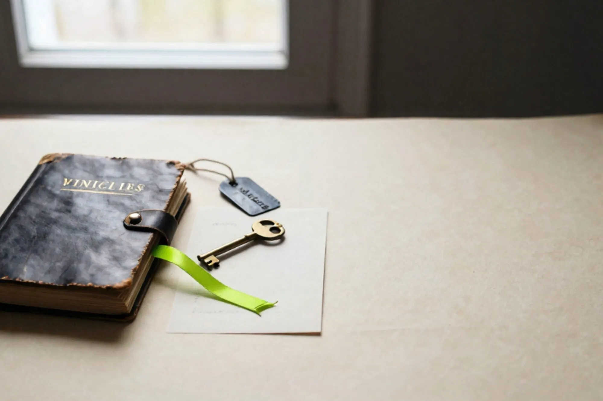Leren logboek met vervaagde rug, messing sleutel op crème kaart, limegroen lint, ijzeren label op ivoorkleurig papier.