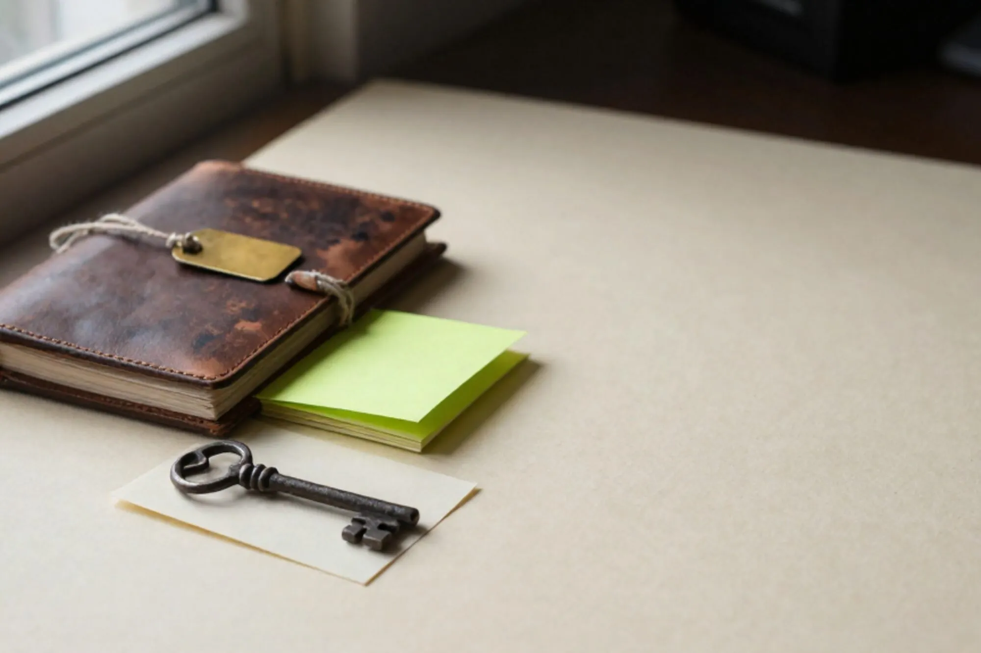 Open leather logbook with brass tag, green index card marker, iron key on paper sleeve, ivory desk, side light.