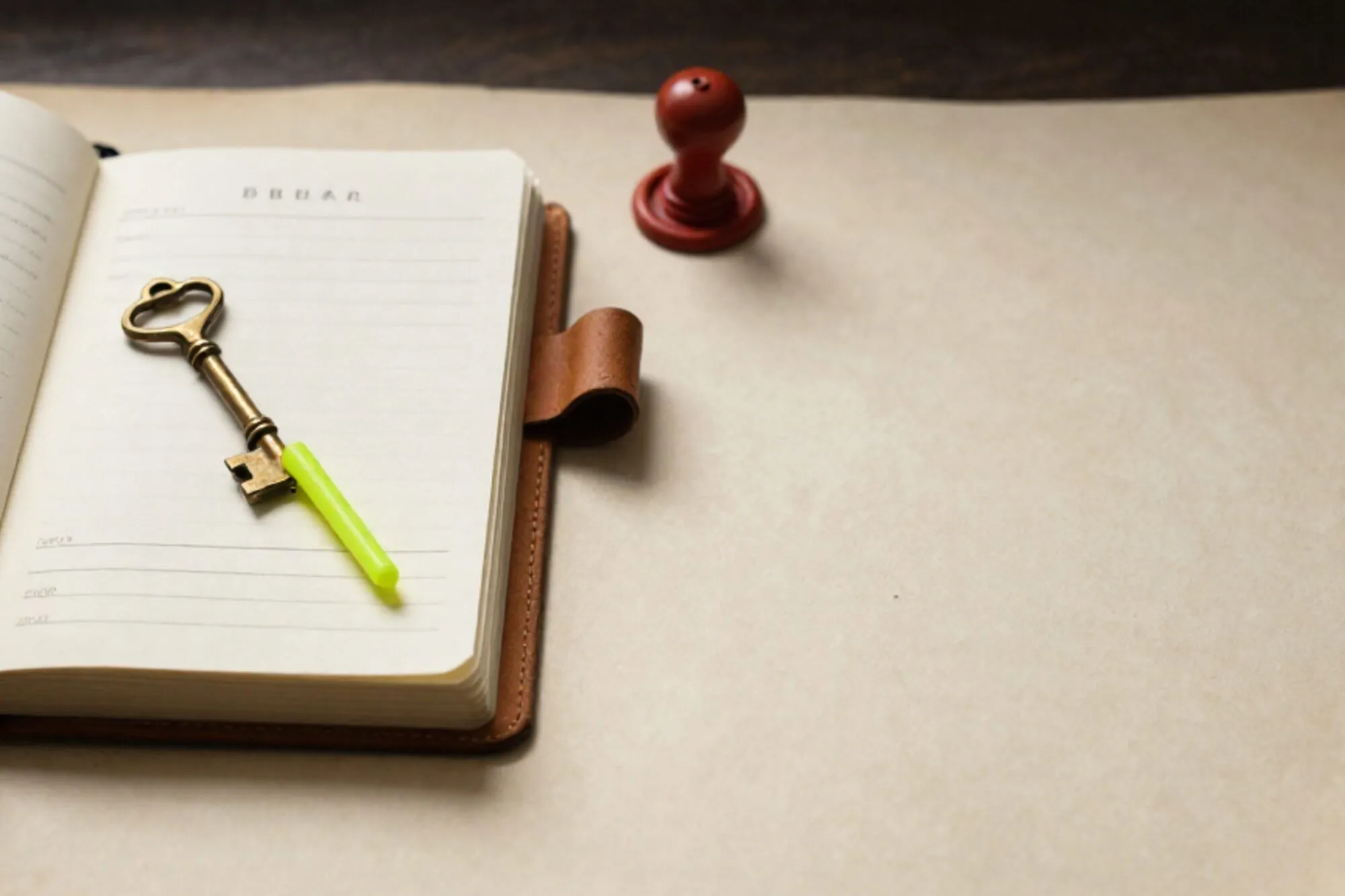 Worn leather Drupal logbook ajar on ivory paper, brass key on index card, green ribbon, broken red wax seal.