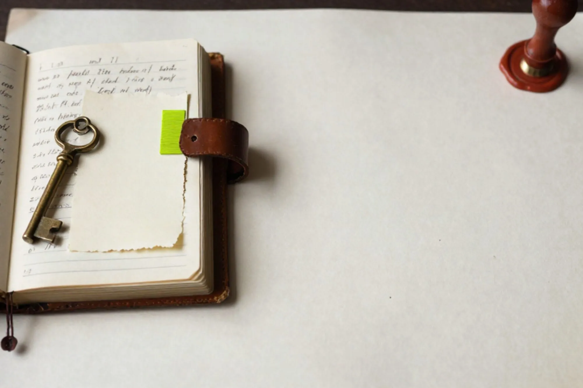 Open leather ledger on ivory paper, brass key on spine, torn card with green ribbon, cracked red wax seal, side light.