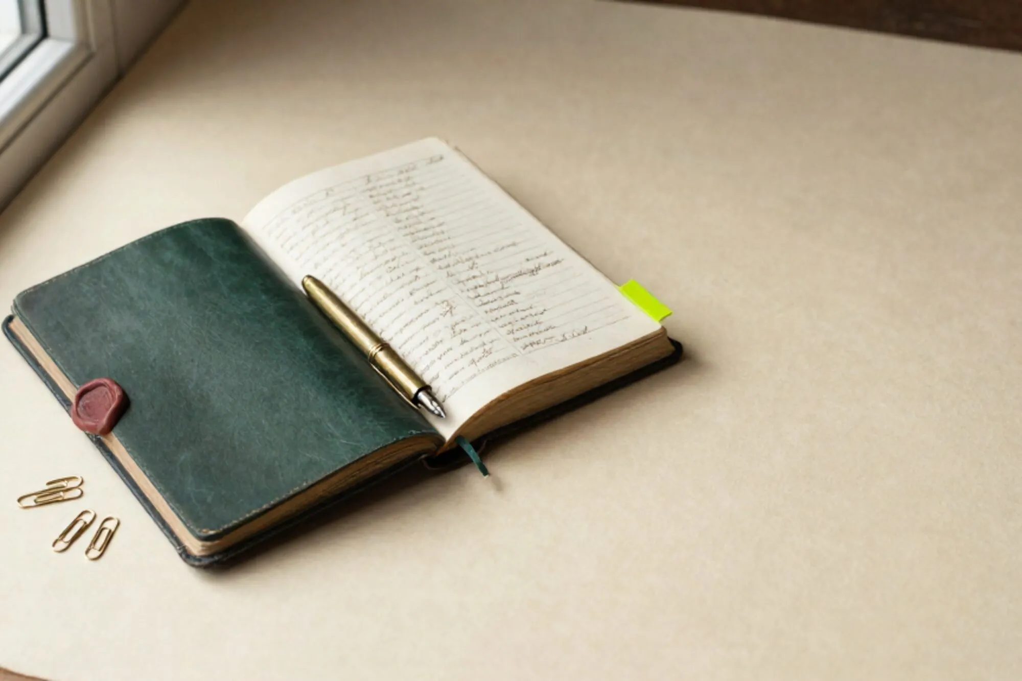 Open leather ledger on ivory paper with brass clips, green tab, brass nib pen, and red wax seal in side light.