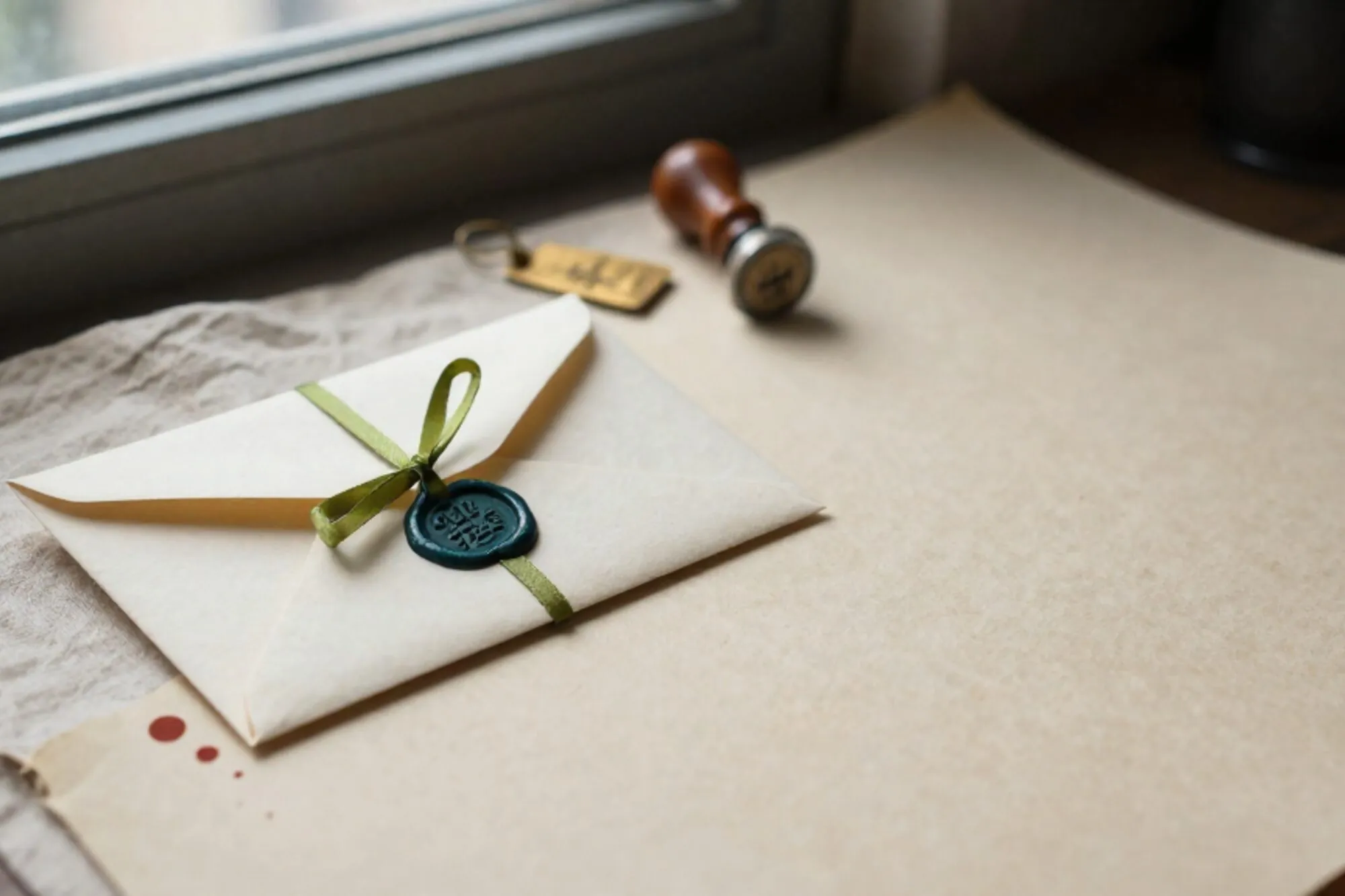 Crème envelop met groen lakzegel en lint op linnen, messing label, datumstempel, rode inktvlek, zijlicht.
