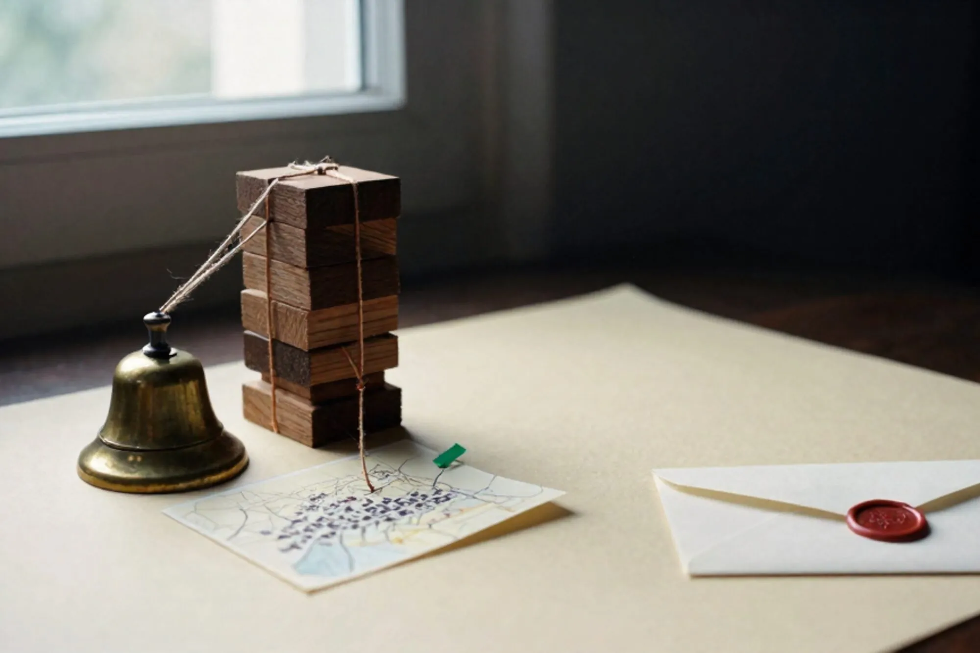 Brass desk bell beside mahogany blocks, copper wire and jute strings tied to an index card, map with green tab, wax seal.