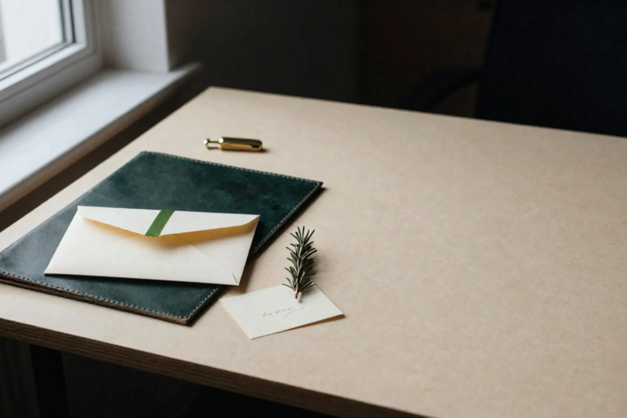 Cream envelope with green ribbon on dark leather blotter, index card, brass letter opener, dried rosemary on ivory desk.