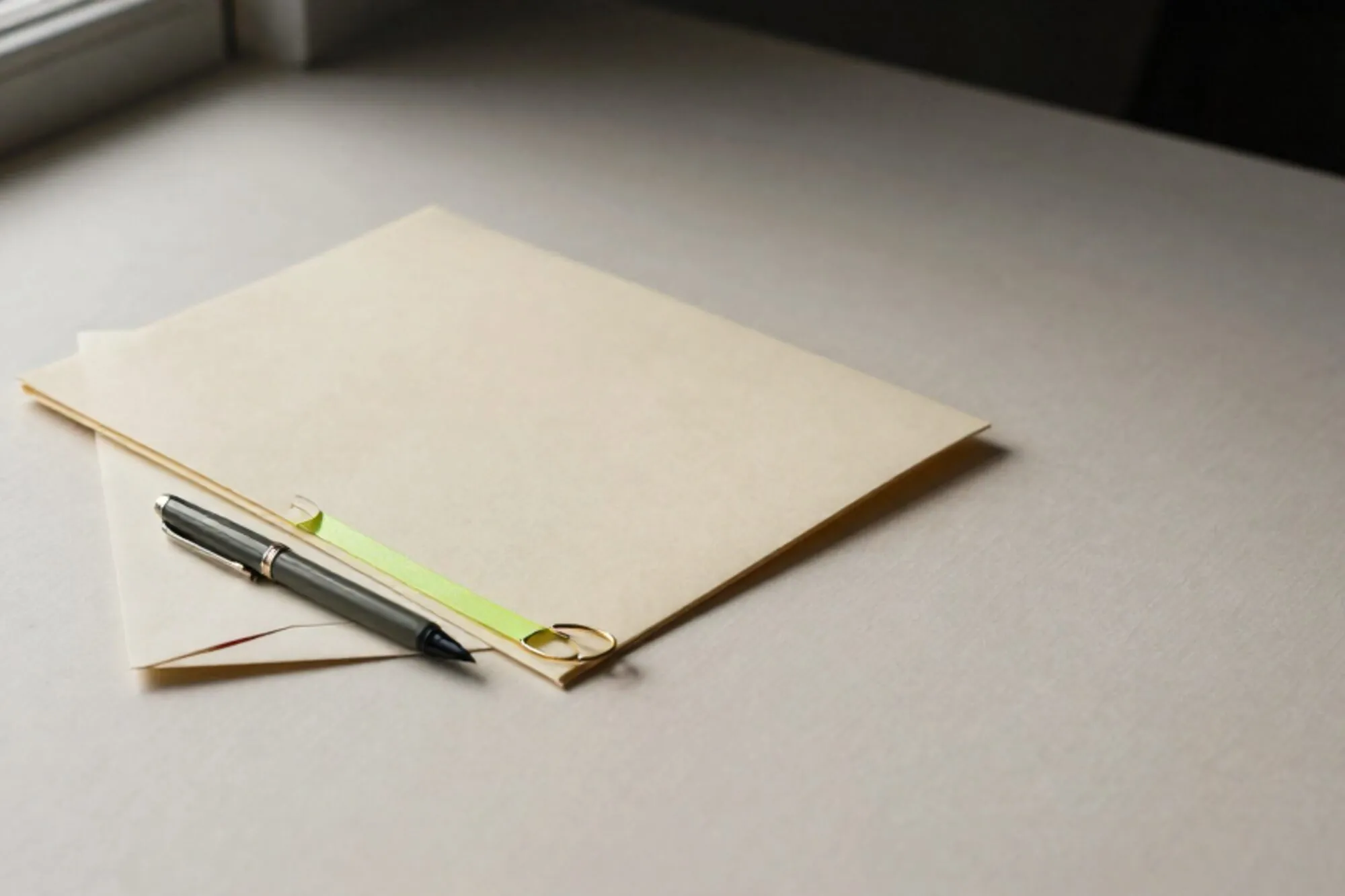 Crème contractmap met messing clip en groen lint, vulpen, envelop op ivoor linnen, bosgroene schaduw rechts.