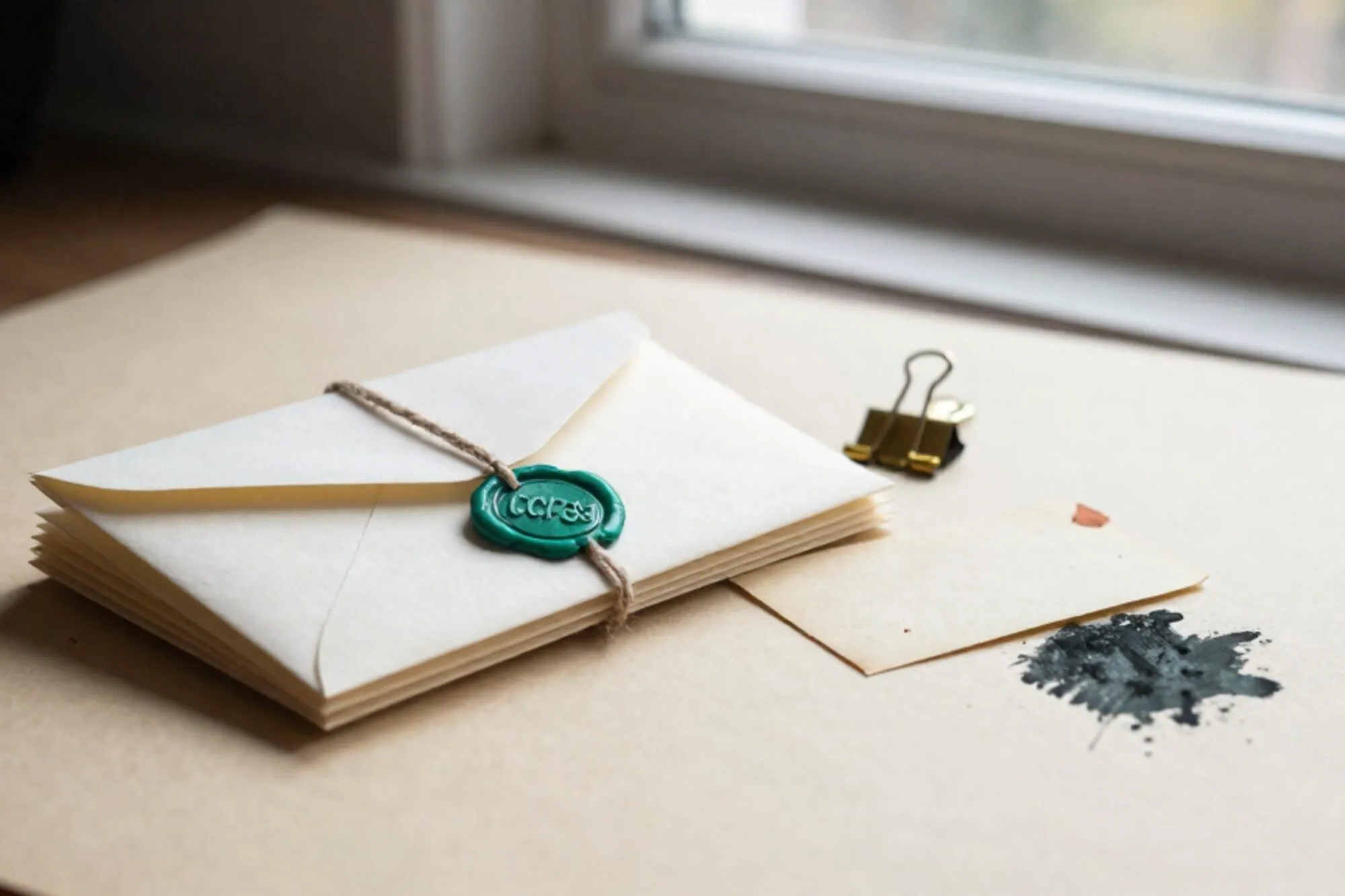 Stacked cream envelopes tied with linen twine, green wax seal, brass paper clip, index card on ivory paper.