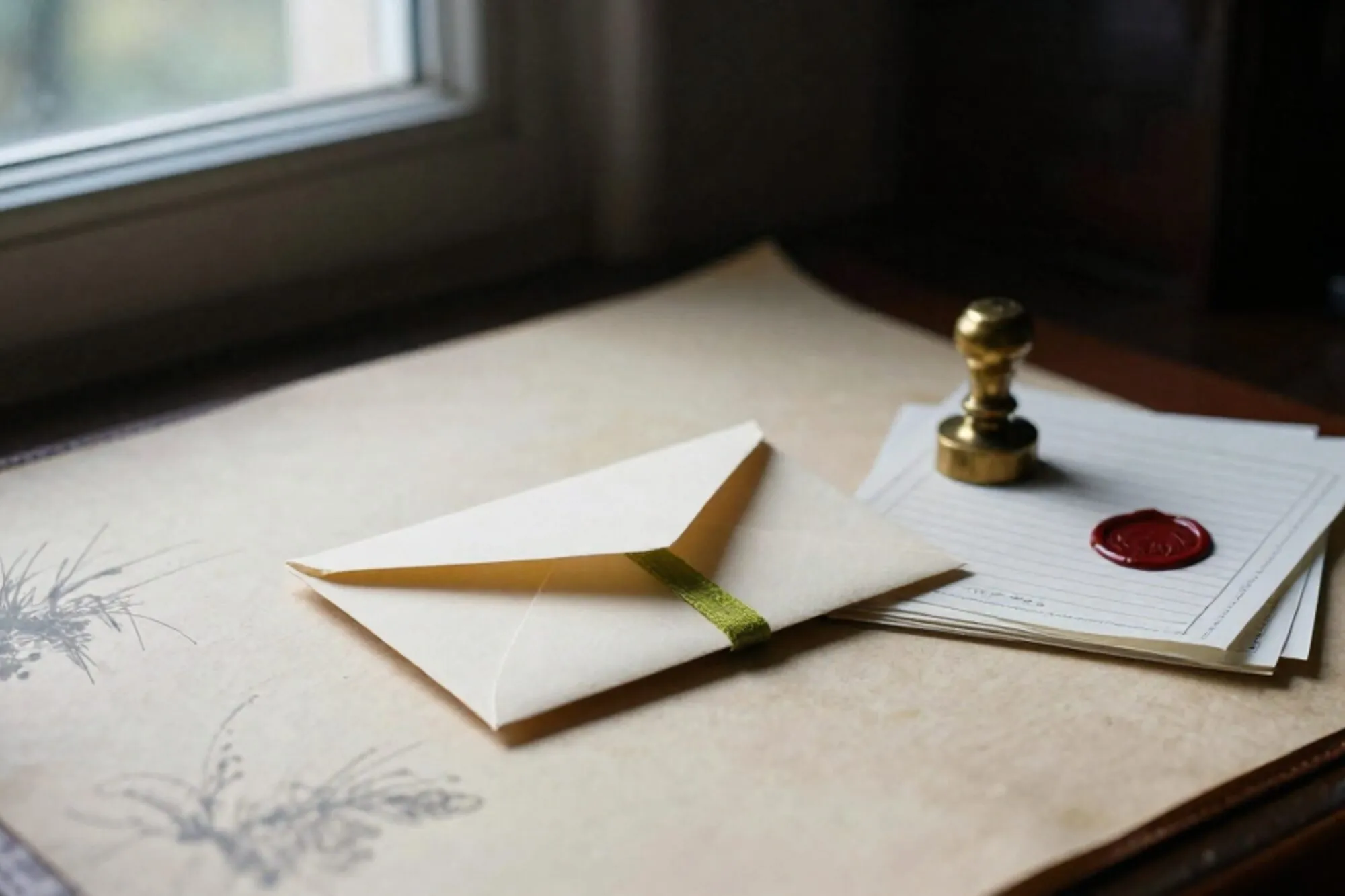 Crème envelop met groen lint op leren onderlegger, carbonkopie-bonnen, koperen presse-papier, rode lakfragment, zijlicht.