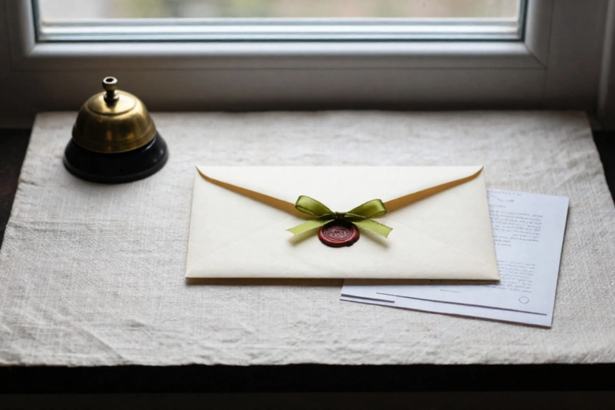 Crème envelop met limoengroen lint op ivoor linnen, messing belletje, indexkaart, gevouwen papierrand, zijlicht.