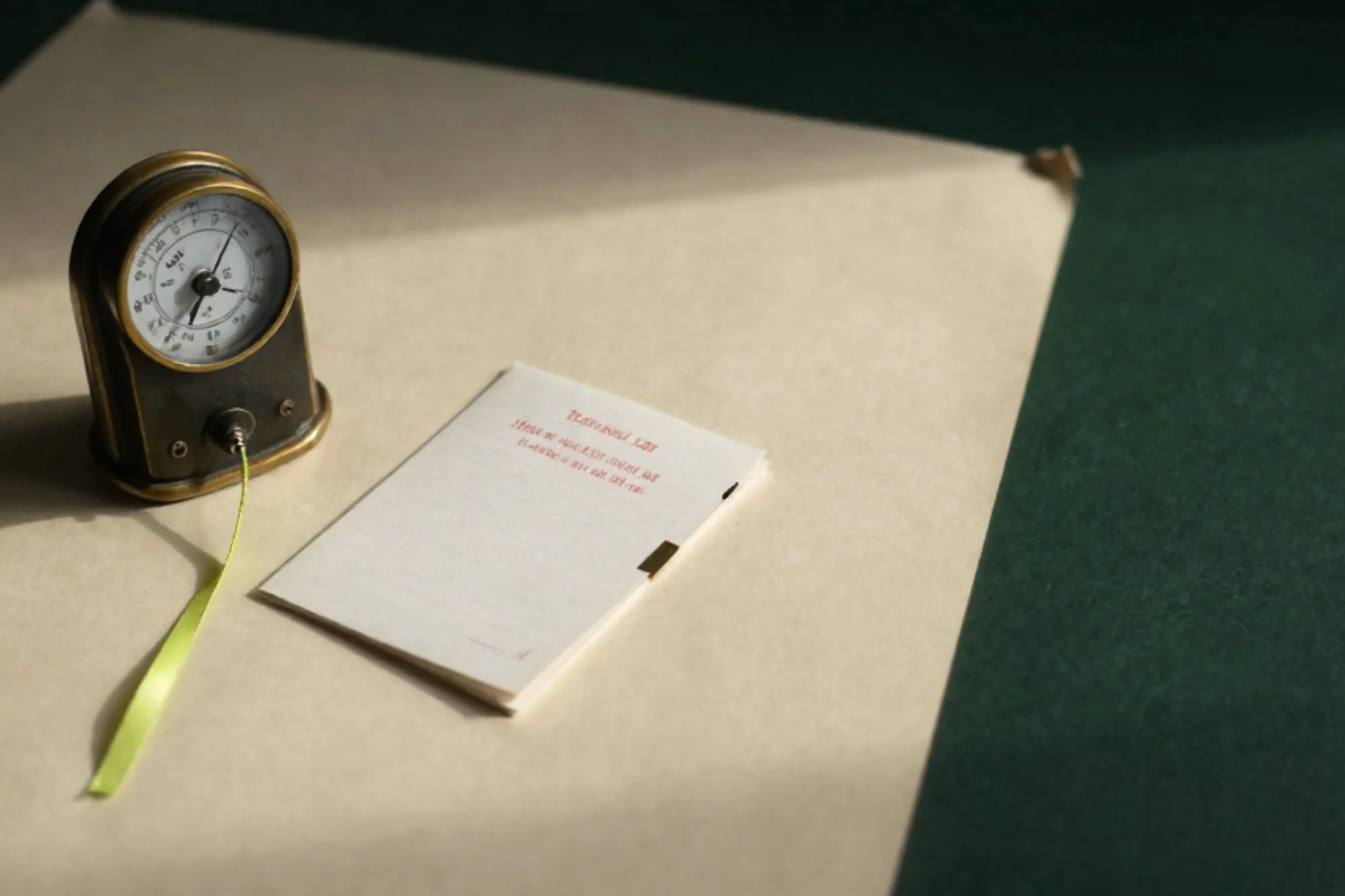 Antieke koperen elektriciteitsmeter met groen lint, gevouwen rood gestempeld gemeenteblad op ivoor linnen, zijlicht.