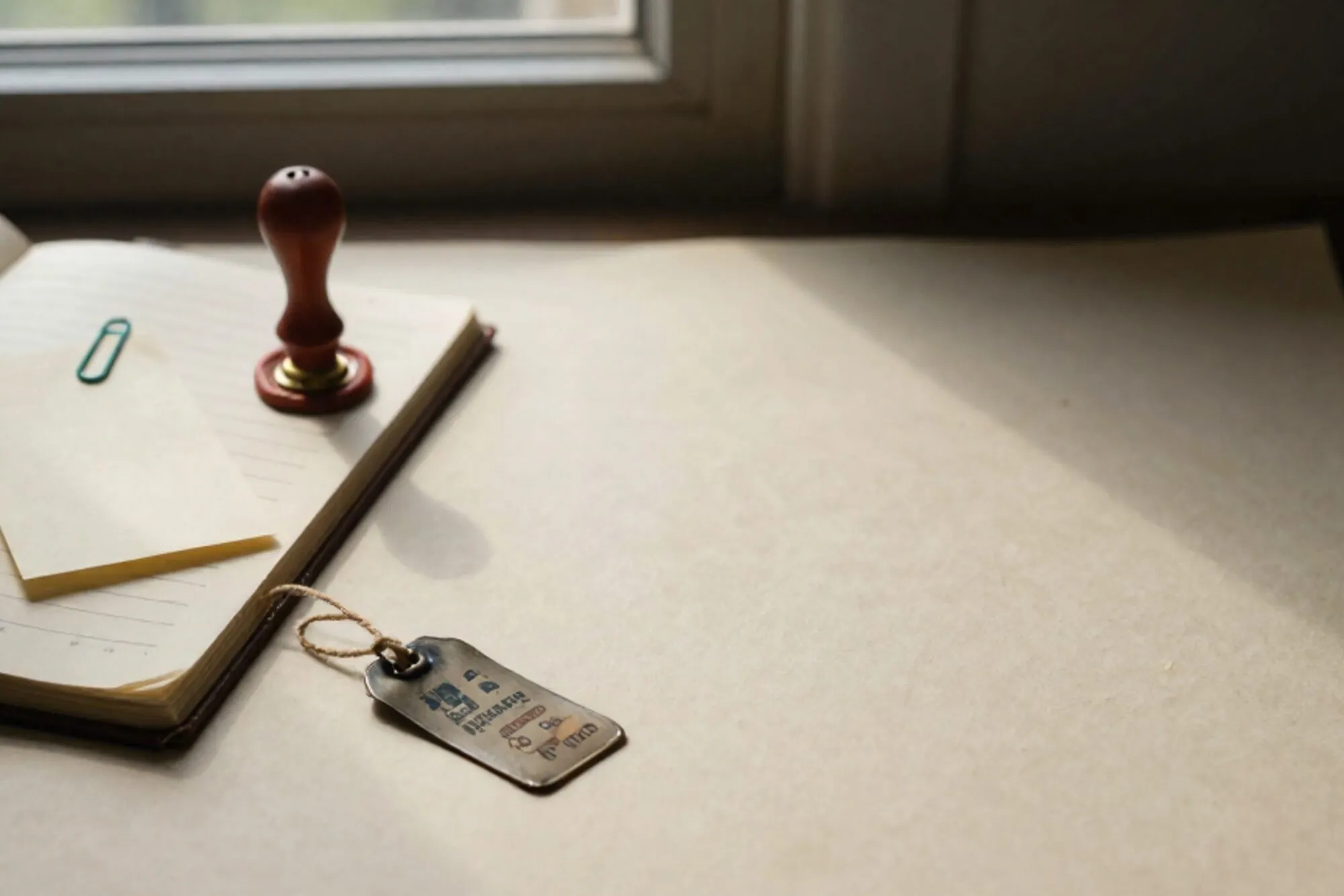 Open koperen register, crème indexkaart met groene paperclip, rode lakzegel, ijzeren label op ivoorpapier.